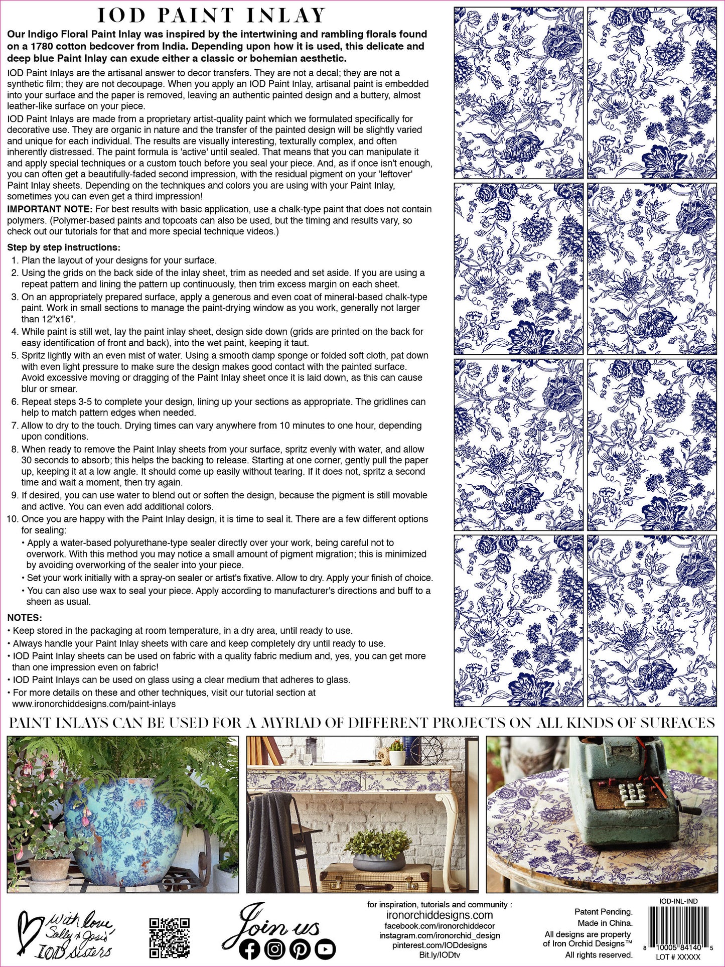 Indigo Floral Paint Inlay (IOD) Iron Orchid Designs– 12×16 Pad