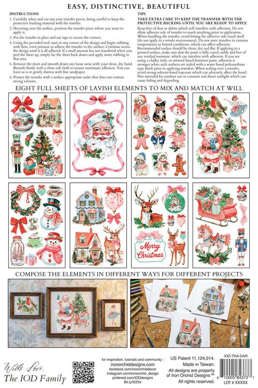 IOD Darling Holiday Transfer back packaging — instructions, tips, and all eight sheet layout previews with vintage holiday characters and scenes