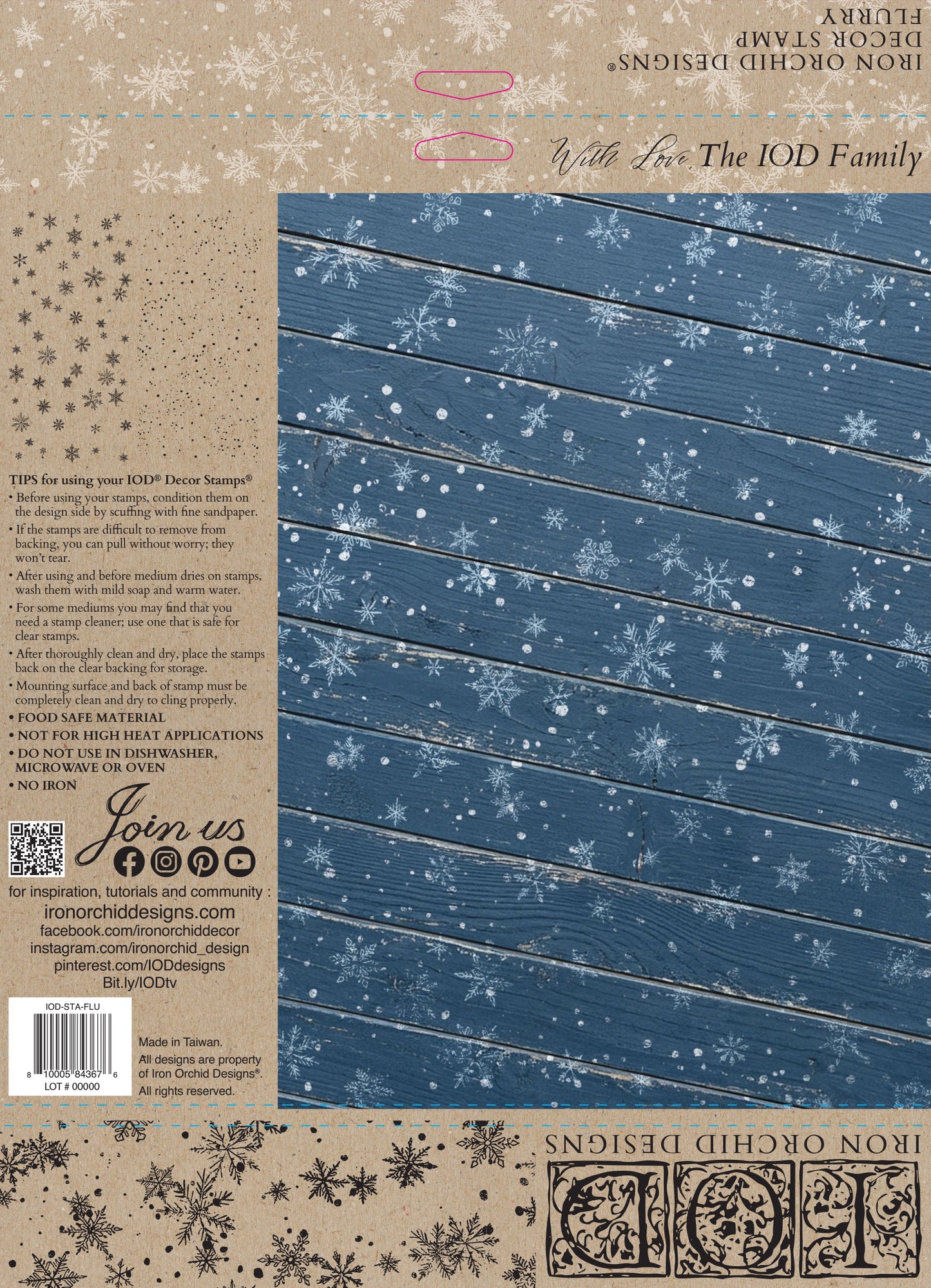 IOD Flurry Decor Stamp back packaging — usage tips, care instructions, and lifestyle photo of snowflake and dot splatter stamps used on a dark blue wood-plank surface for a wintry night effect