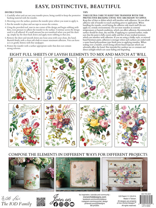 Back cover packaging of IOD Marché des Fleurs Transfer displaying 8 transfer sheet grid previews, instructions, and project examples.
