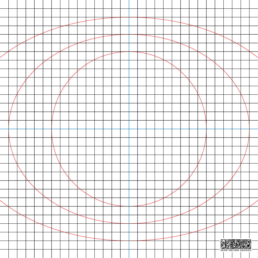 IOD Iron Orchid Designs Small Thin Mounts sizing guide — two oval mount sizes shown on grid with measurements