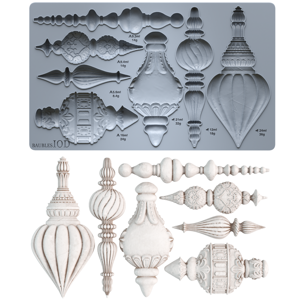 IOD Baubles Mould by Iron Orchid Designs showing silicone mould and white clay castings of bauble and finial shapes