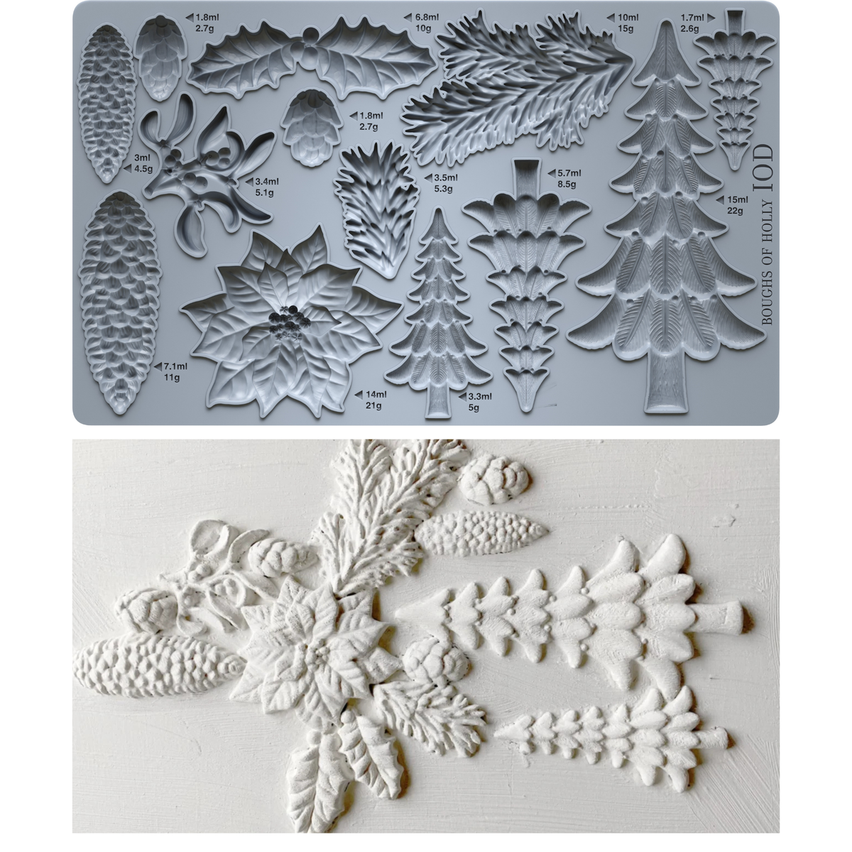 IOD Boughs of Holly Mould by Iron Orchid Designs showing silicone mould and white clay castings of holiday botanical shapes