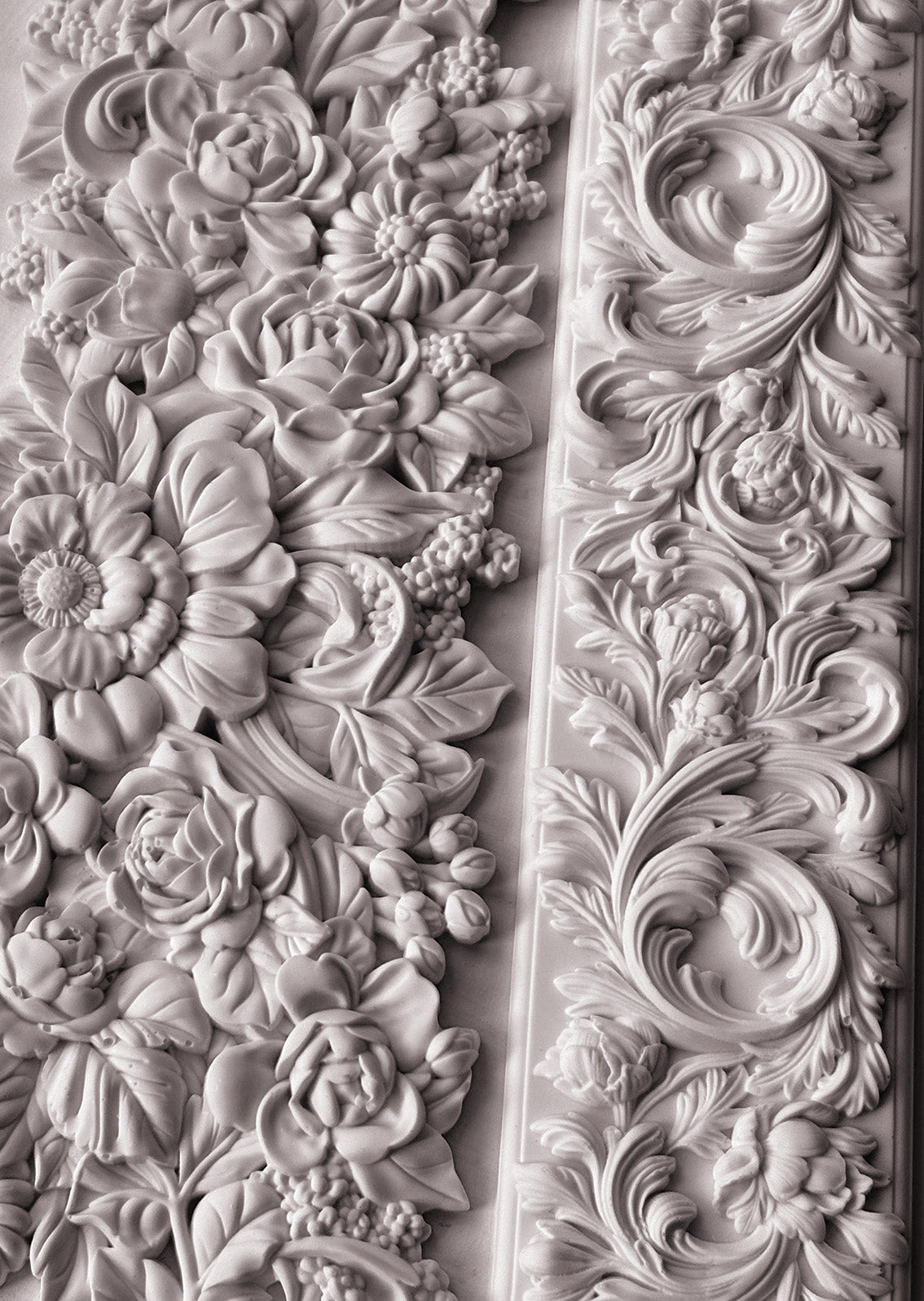 Trimmings 4 IOD Mould – finished white castings showing acanthus scroll and rose garland detail