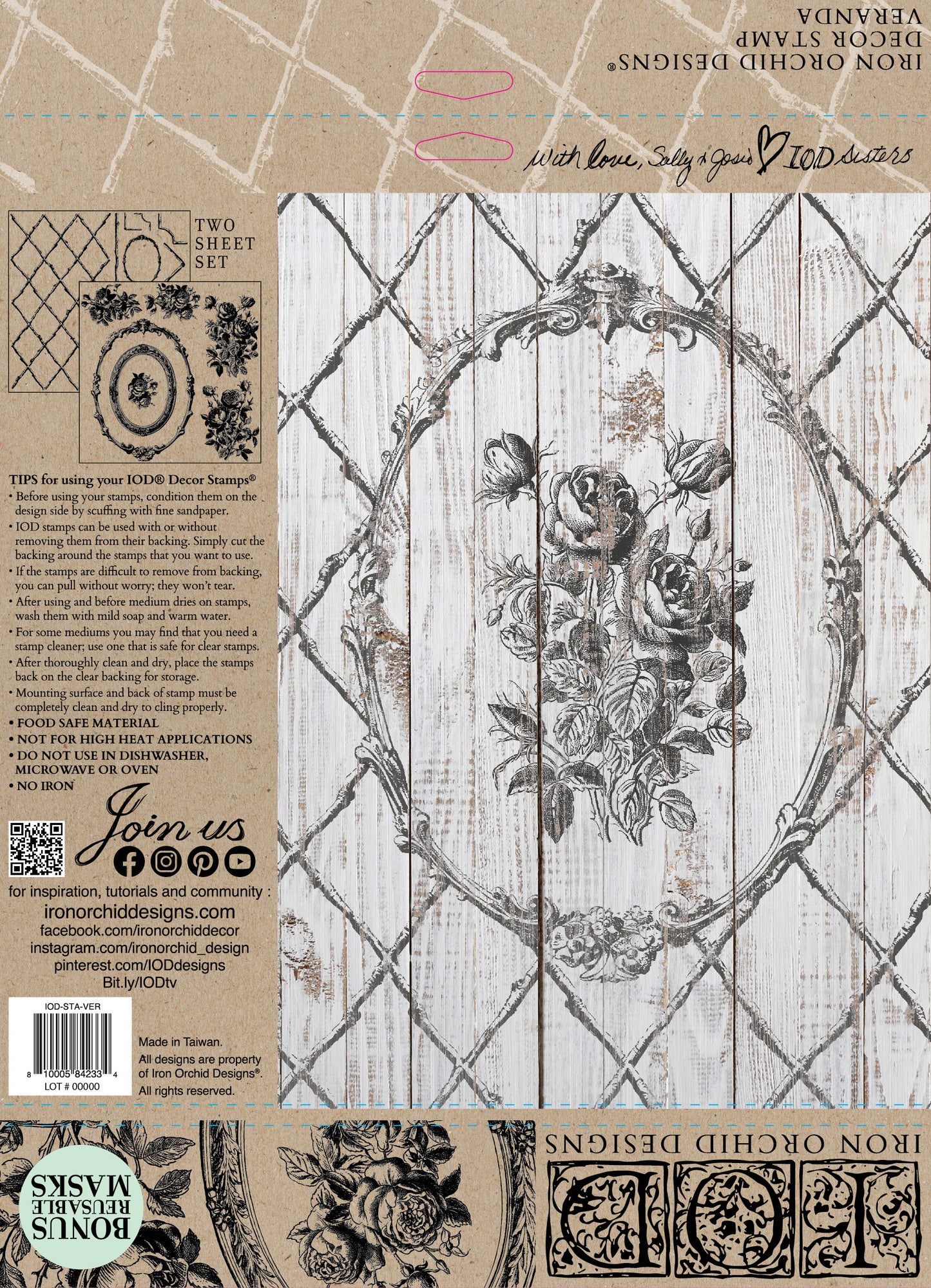 IOD Veranda Decor Stamp Set packaging – back of box showing stamp sheets and usage tips