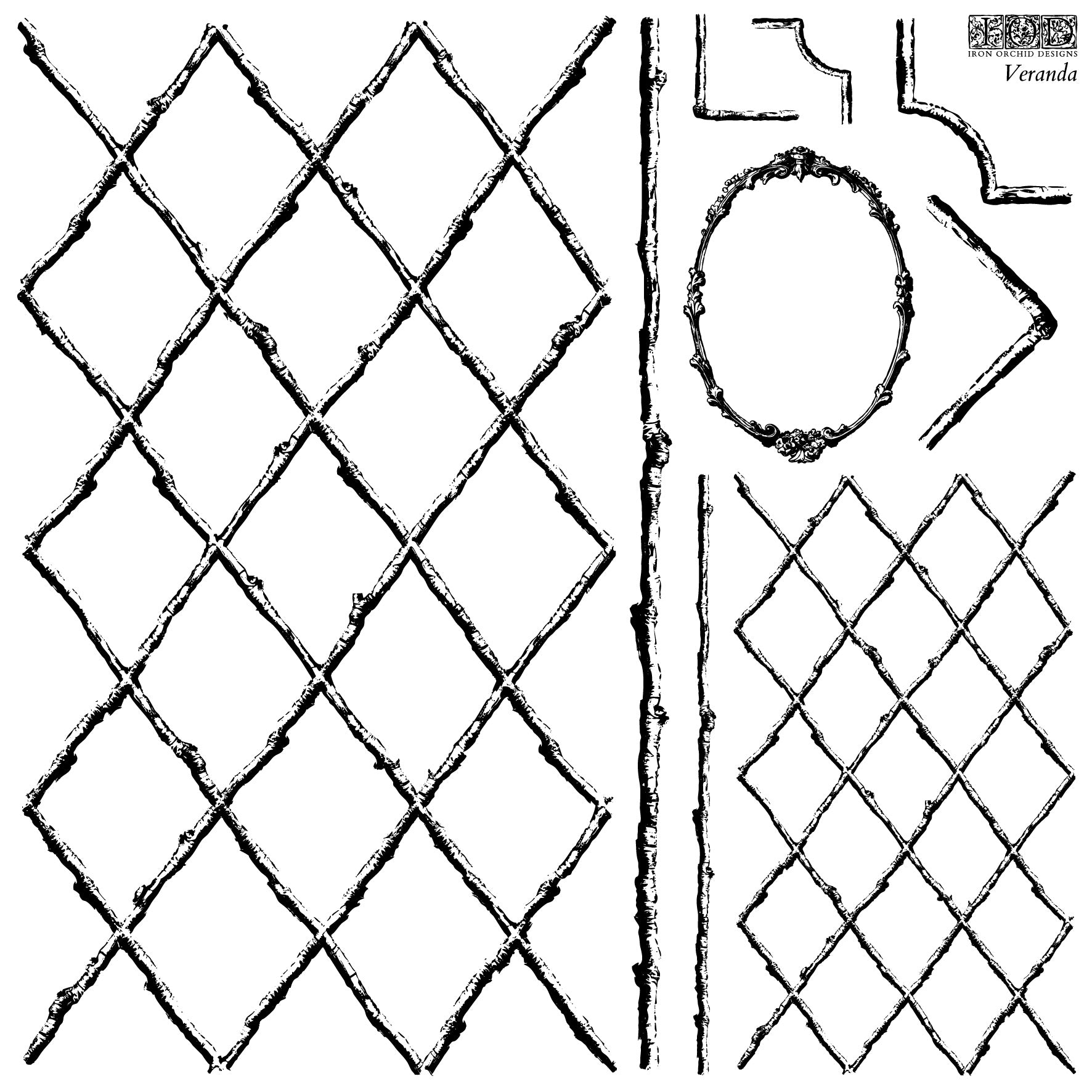 IOD Veranda Stamp Sheet 1 – twig trellis lattice, oval frame outline, and corner brackets