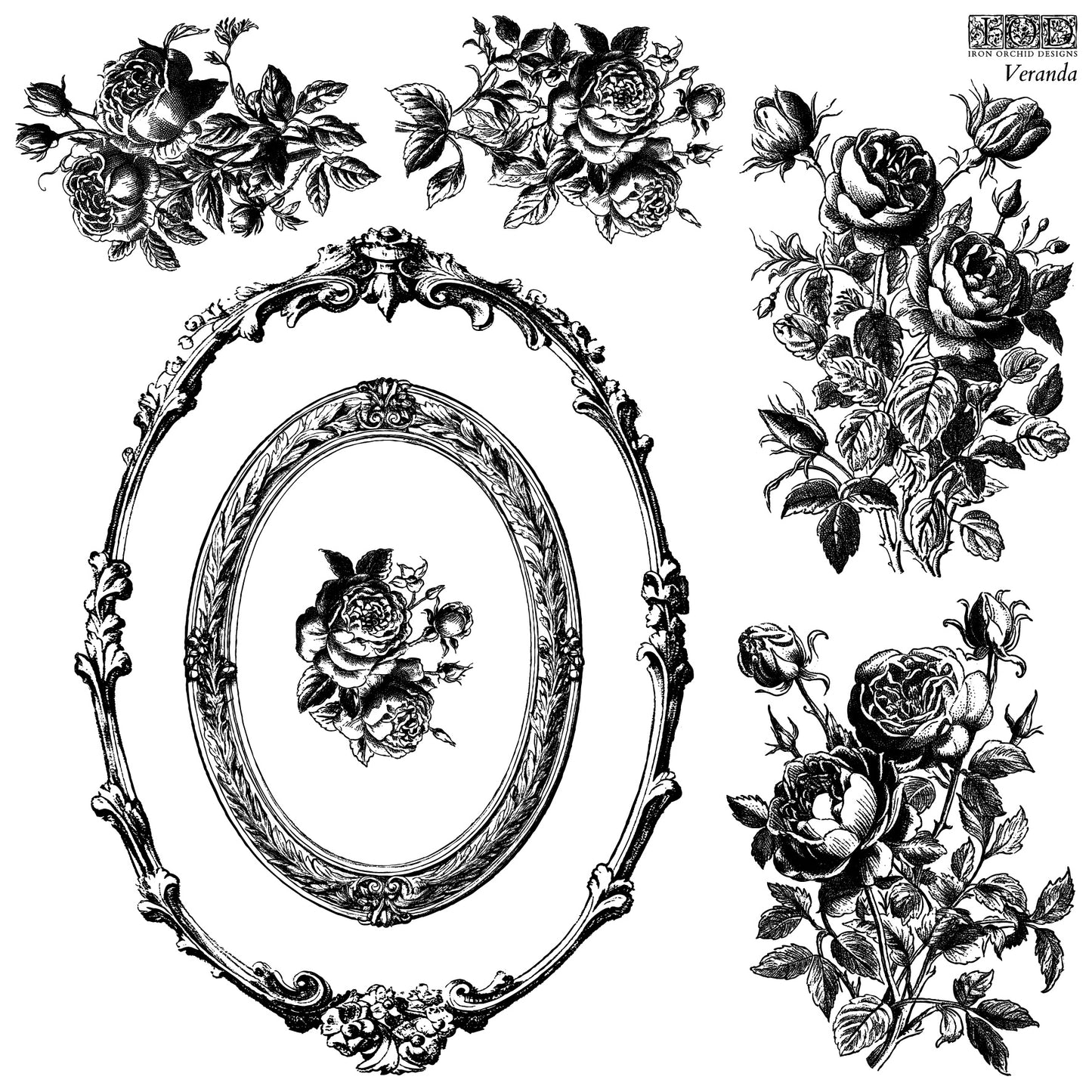 IOD Veranda Stamp Sheet 2 – baroque oval mirror frame, rose bouquets, and single-stem rose sprays