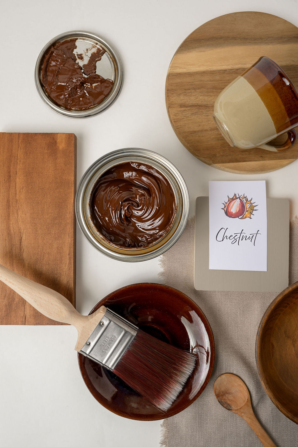 Dixie Belle No Pain Gel Stain Chestnut – flatlay styling with open cans and brush