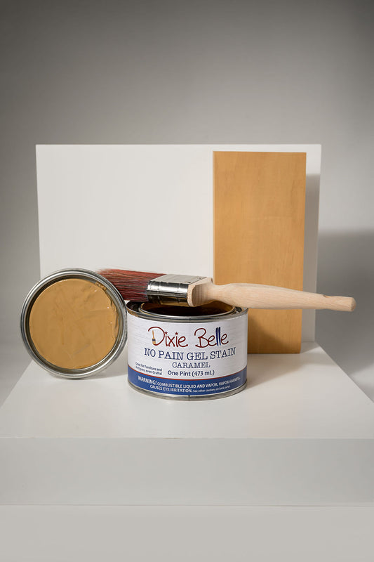 Dixie Belle No Pain Gel Stain Caramel – can with brush and color swatch