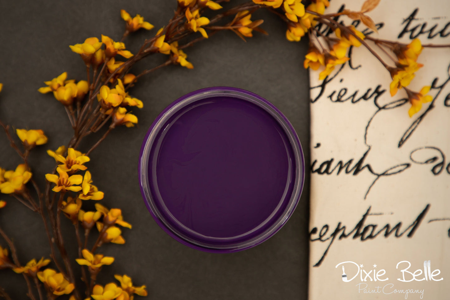 A jar of Dixie Belle Amethyst Chalk Mineral Paint, showcasing the rich, deep purple jewel-tone color label for furniture upcycling.