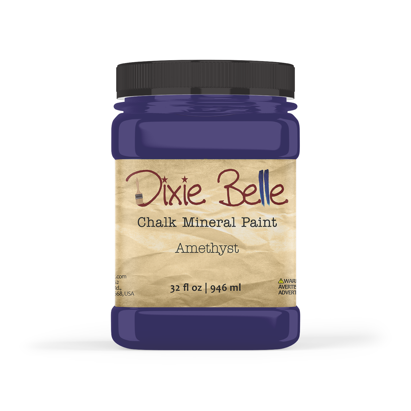 A jar of Dixie Belle Amethyst Chalk Mineral Paint, showcasing the rich, deep purple jewel-tone color label for furniture upcycling. 32oz