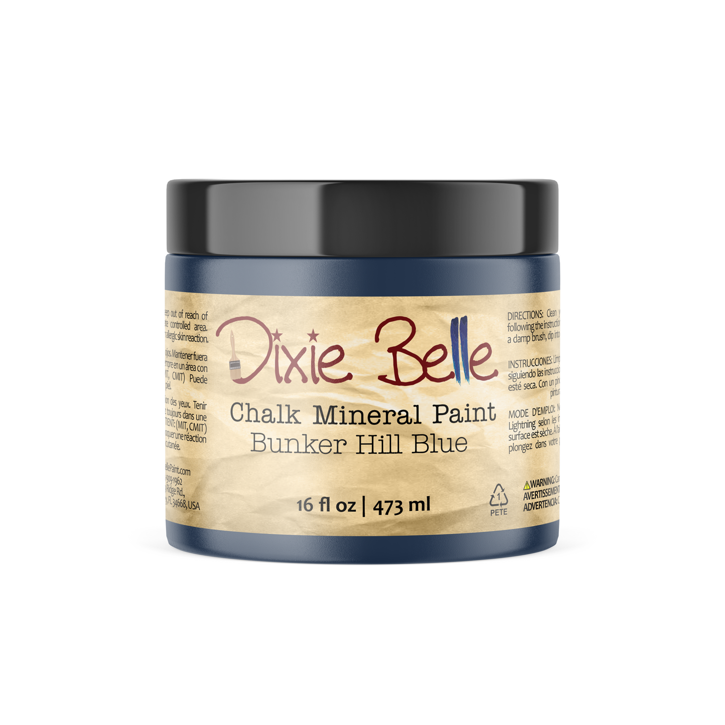 Dixie Belle Bunker Hill Blue Chalk Mineral Paint in a rich blue shade for furniture and home décor 16oz