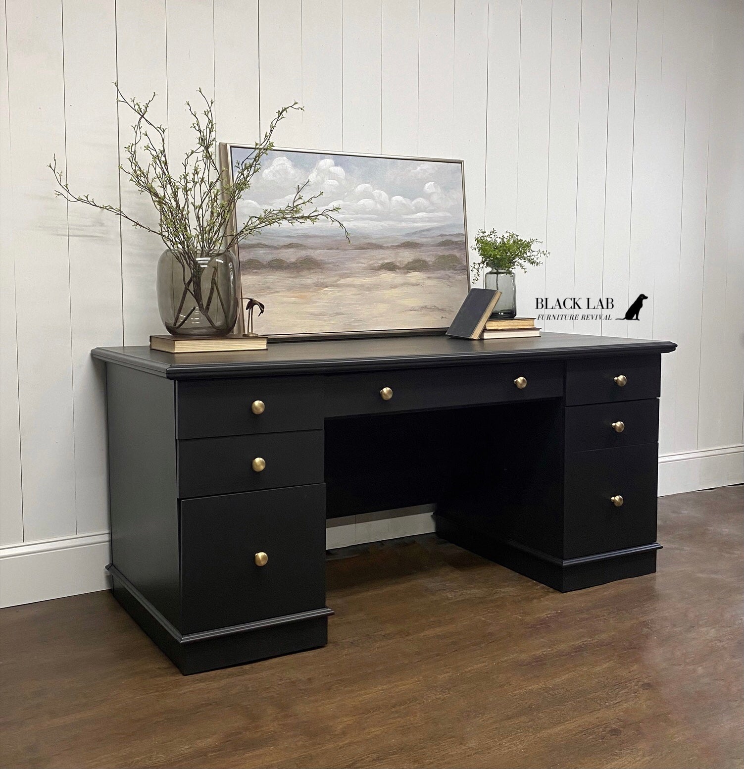 Vintage Desk painted with Dixie Belle Caviar Chalk Mineral Paint for a modern farmhouse furniture makeover Black Lab