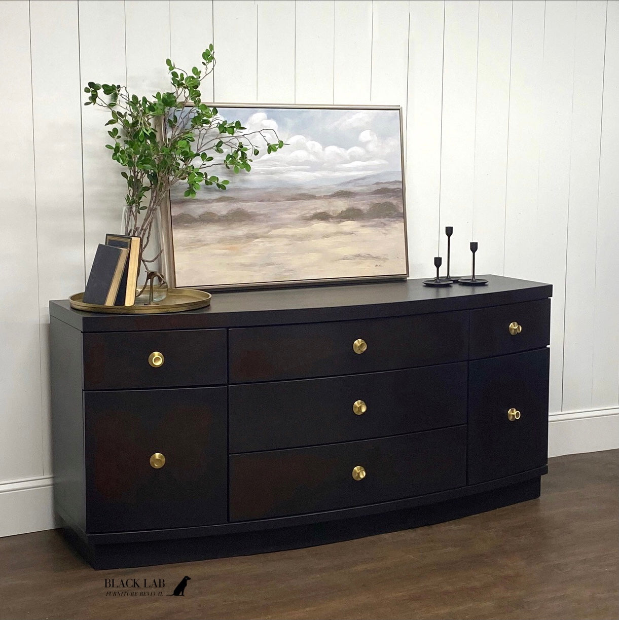 Vintage dresser painted with Dixie Belle Caviar Chalk Mineral Paint for a modern farmhouse furniture makeover Black Lab