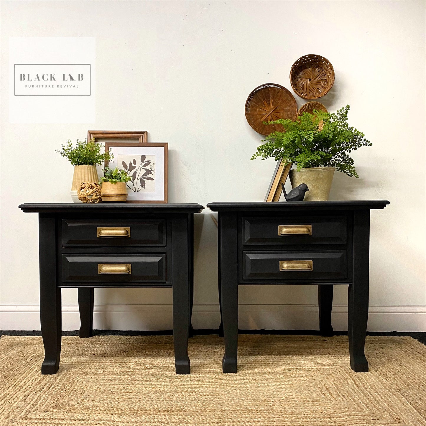 Vintage End Tables painted with Dixie Belle Caviar Chalk Mineral Paint for a modern farmhouse furniture makeover Black Lab