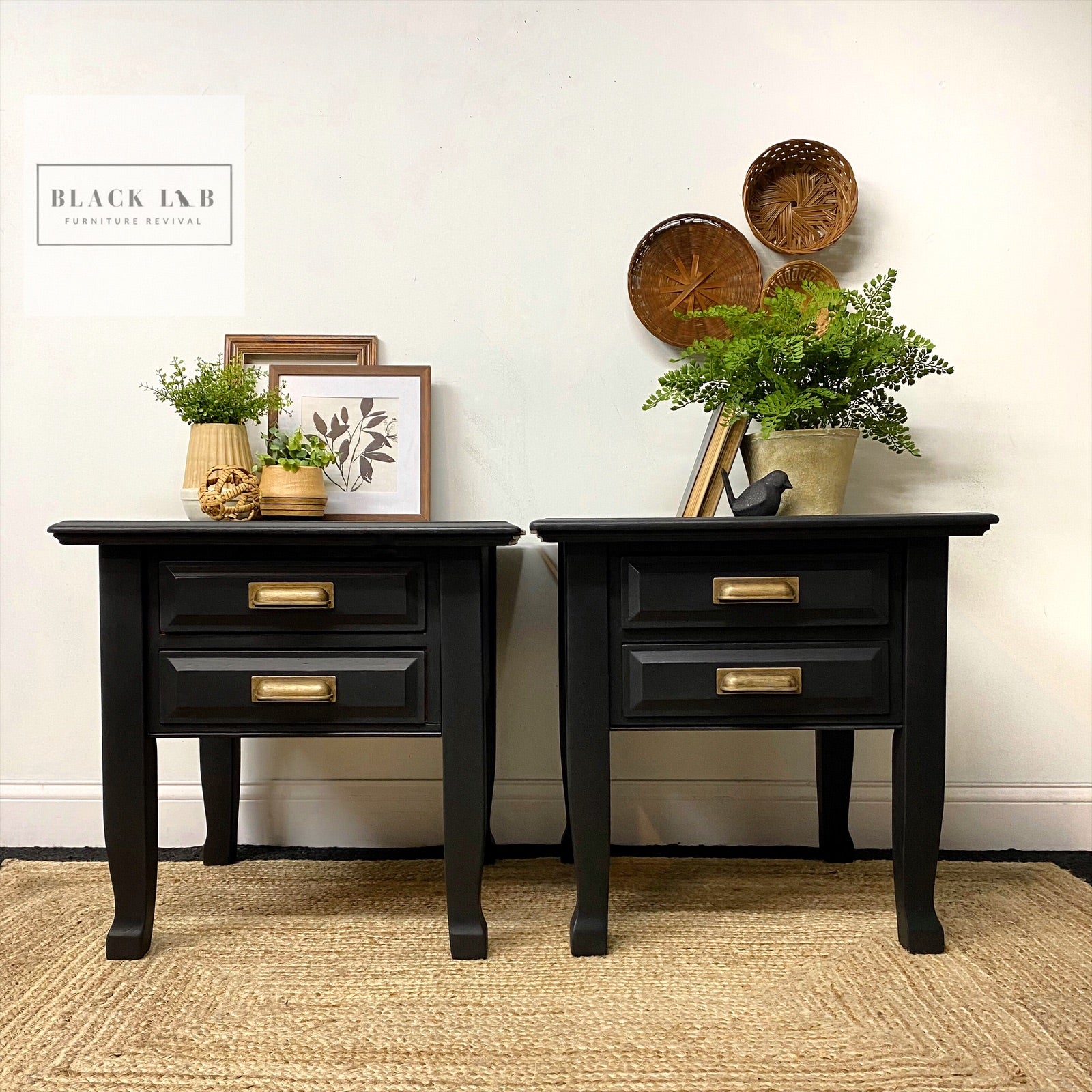 Vintage End Tables painted with Dixie Belle Caviar Chalk Mineral Paint for a modern farmhouse furniture makeover Black Lab