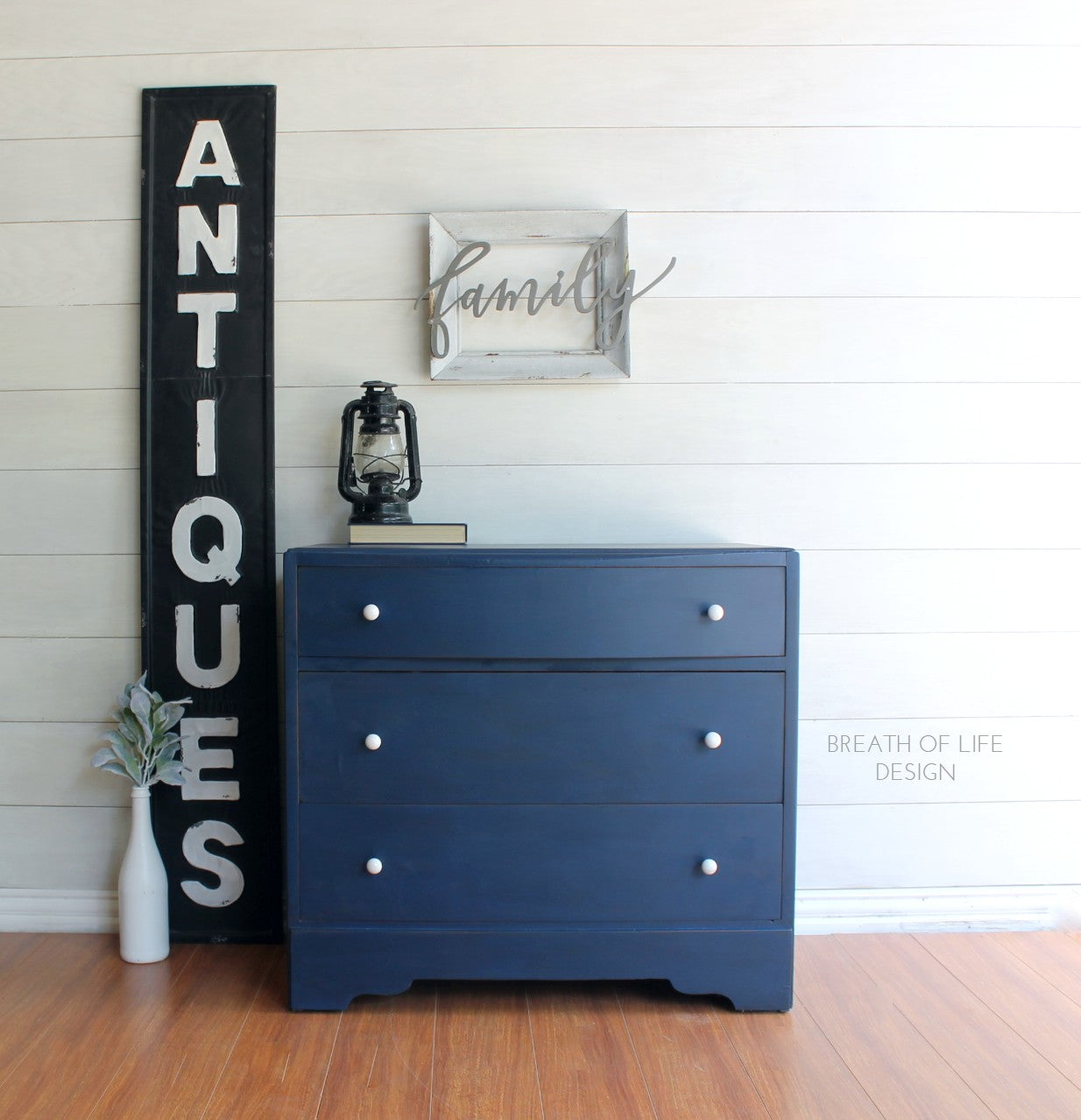 Vintage dresser painted with Dixie Belle Bunker Hill Blue Chalk Mineral Paint for a furniture makeover