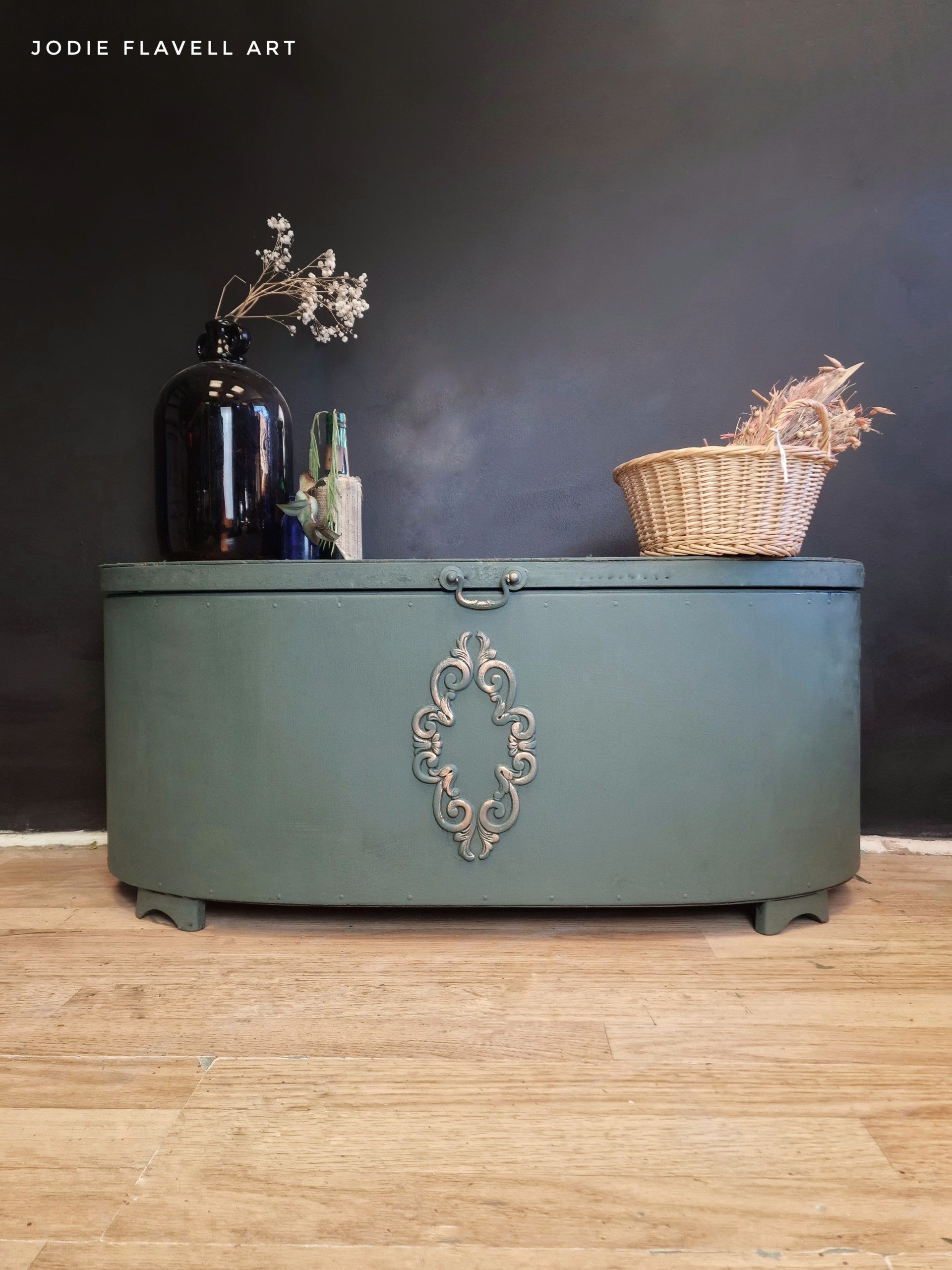 Vintage furniture painted with Dixie Belle Briar Patch Chalk Mineral Paint in an earthy green finish