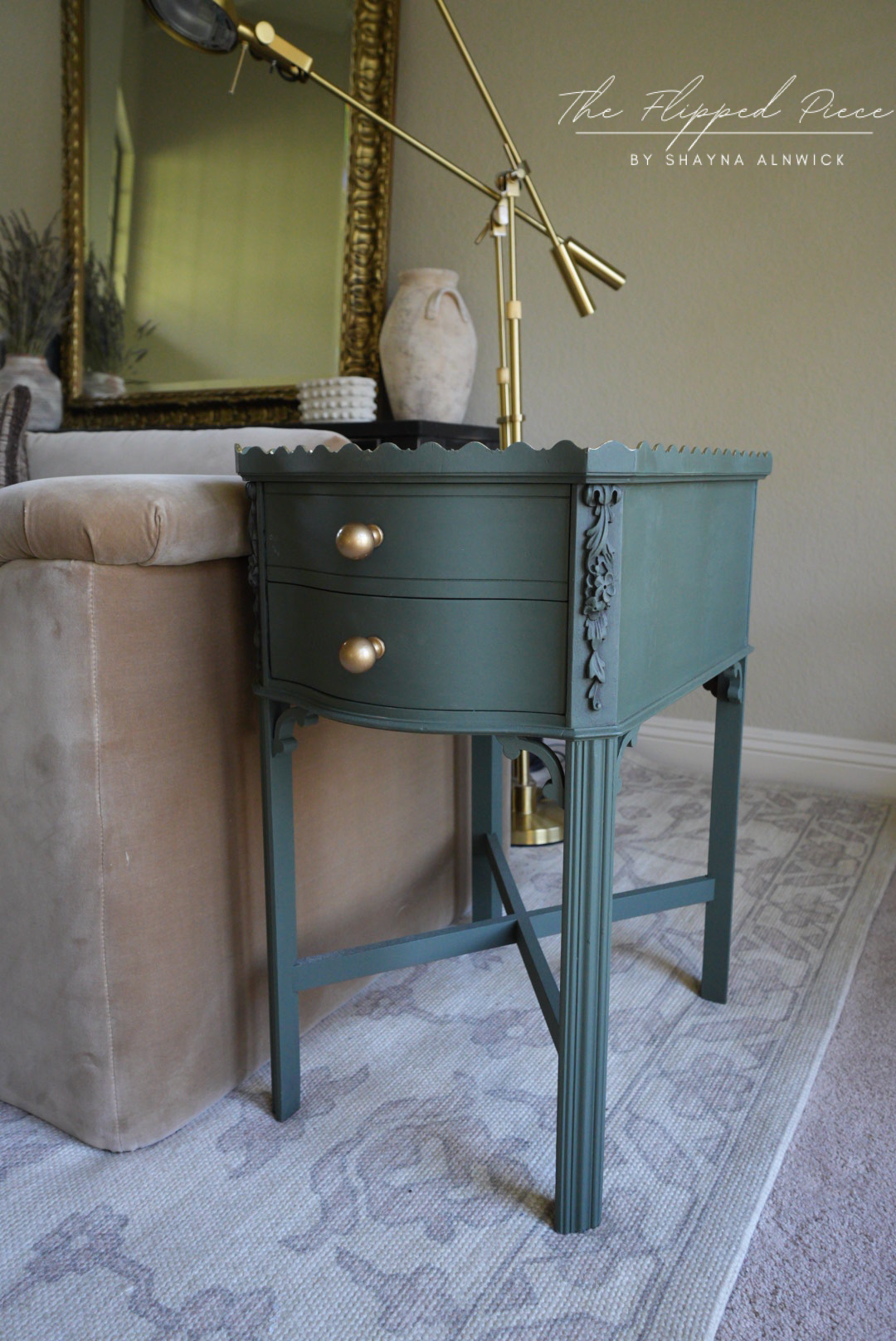 Vintage furniture painted with Dixie Belle Briar Patch Chalk Mineral Paint in an earthy green finish accent in gold