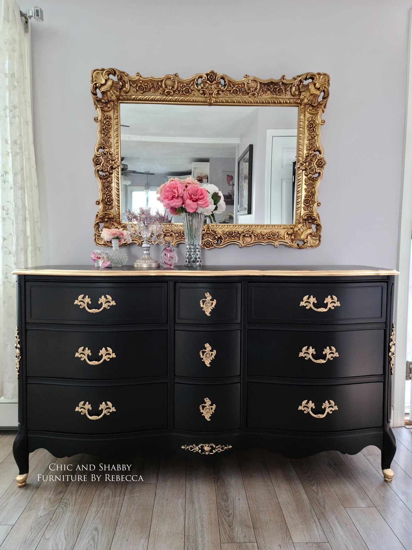 Vintage dresser painted with Dixie Belle Caviar Chalk Mineral Paint for a modern farmhouse furniture makeover Chic and Shabby Furniture by Rebecca