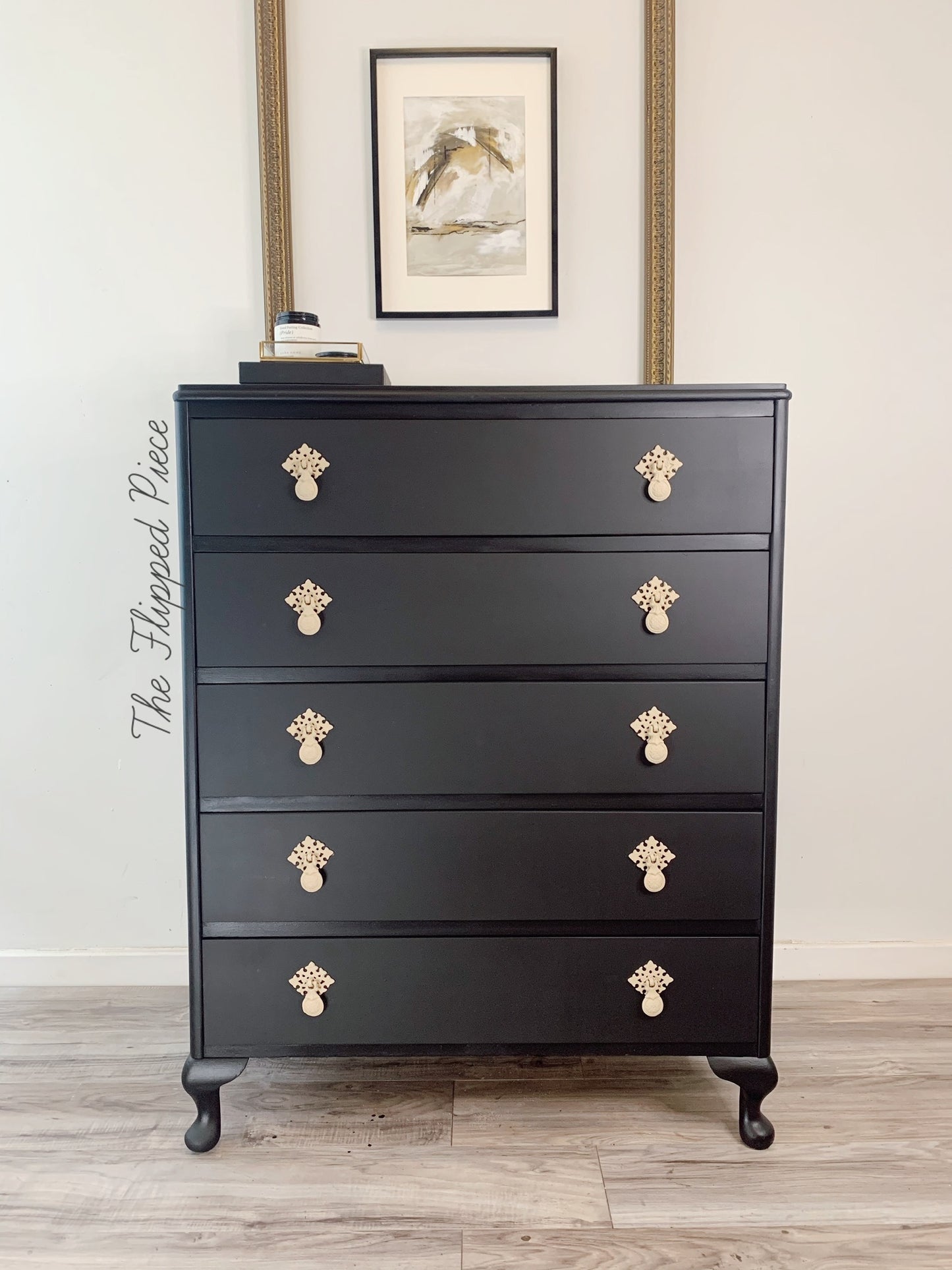 Vintage dresser painted with Dixie Belle Caviar Chalk Mineral Paint for a modern farmhouse furniture makeover The Flipped Piece