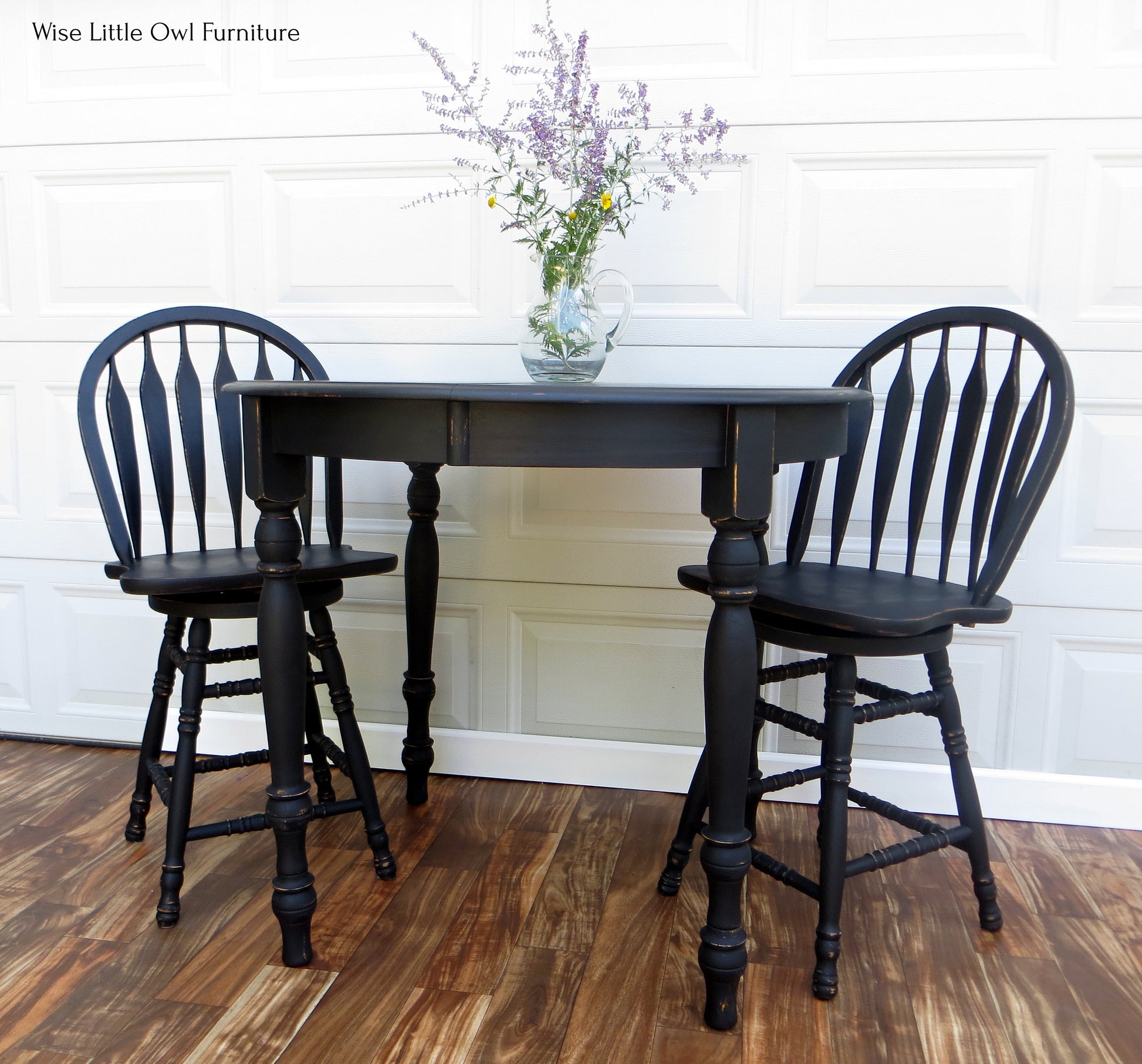Vintage Table and Chairs painted with Dixie Belle Caviar Chalk Mineral Paint for a modern farmhouse furniture makeover Wise Little Owl Furniture