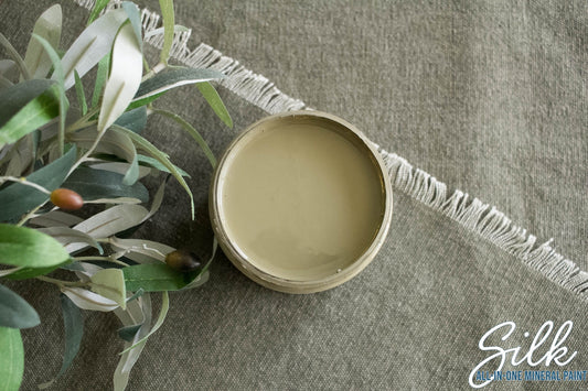 Hampton Olive Dixie Belle Silk All-In-One Mineral Paint in soft warm khaki olive
