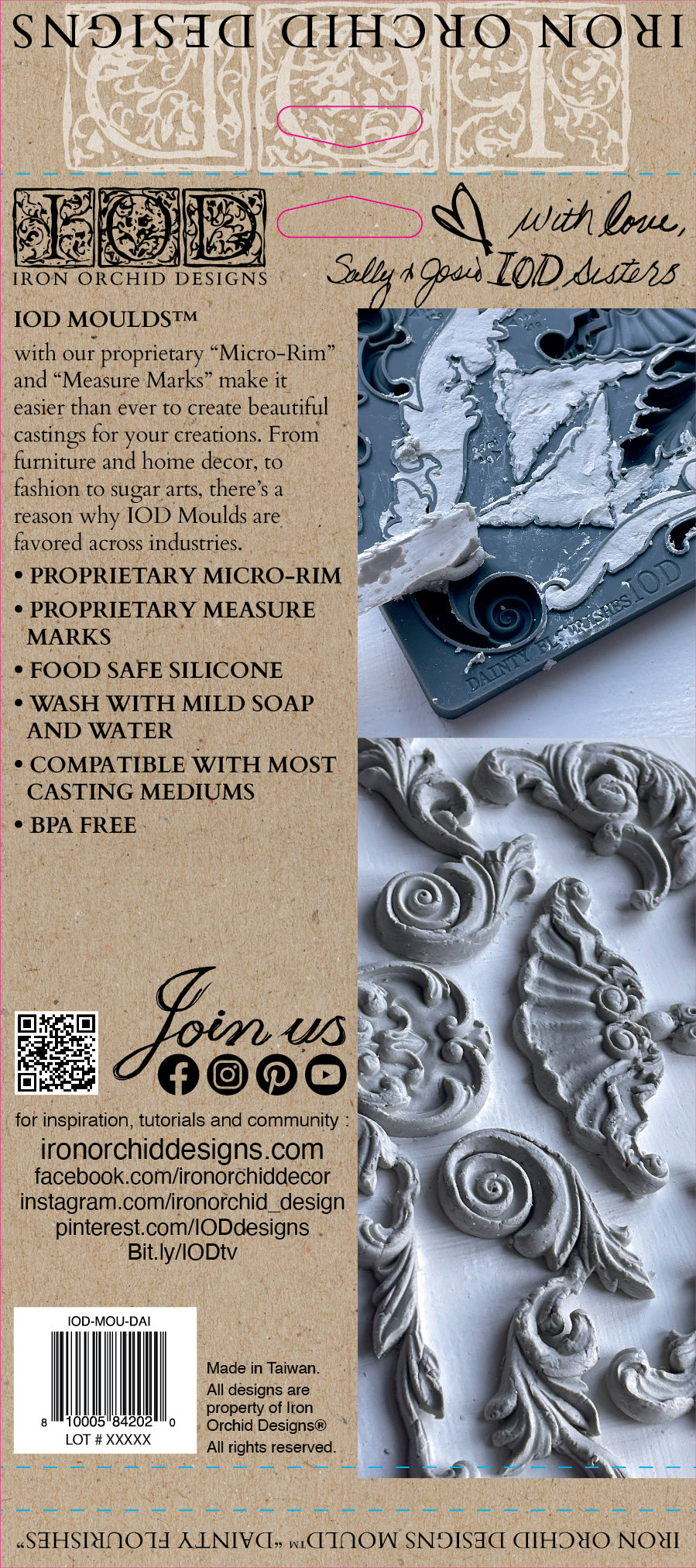 IOD Dainty Flourishes Mould packaging — back of box with product details and usage tips