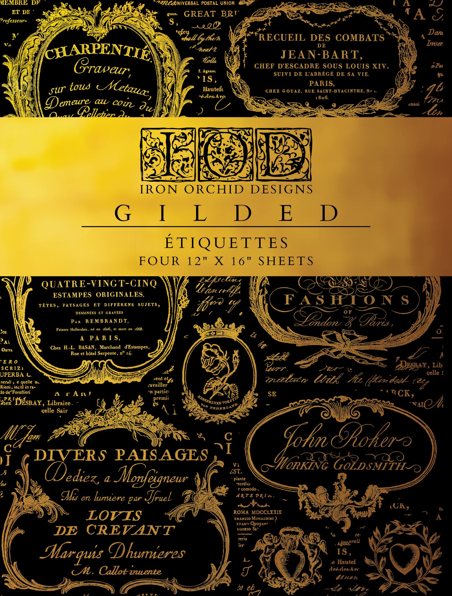 Iron Orchid Designs Étiquettes Gilded Foil Transfer cover showing vintage French gold foil labels and cartouches
