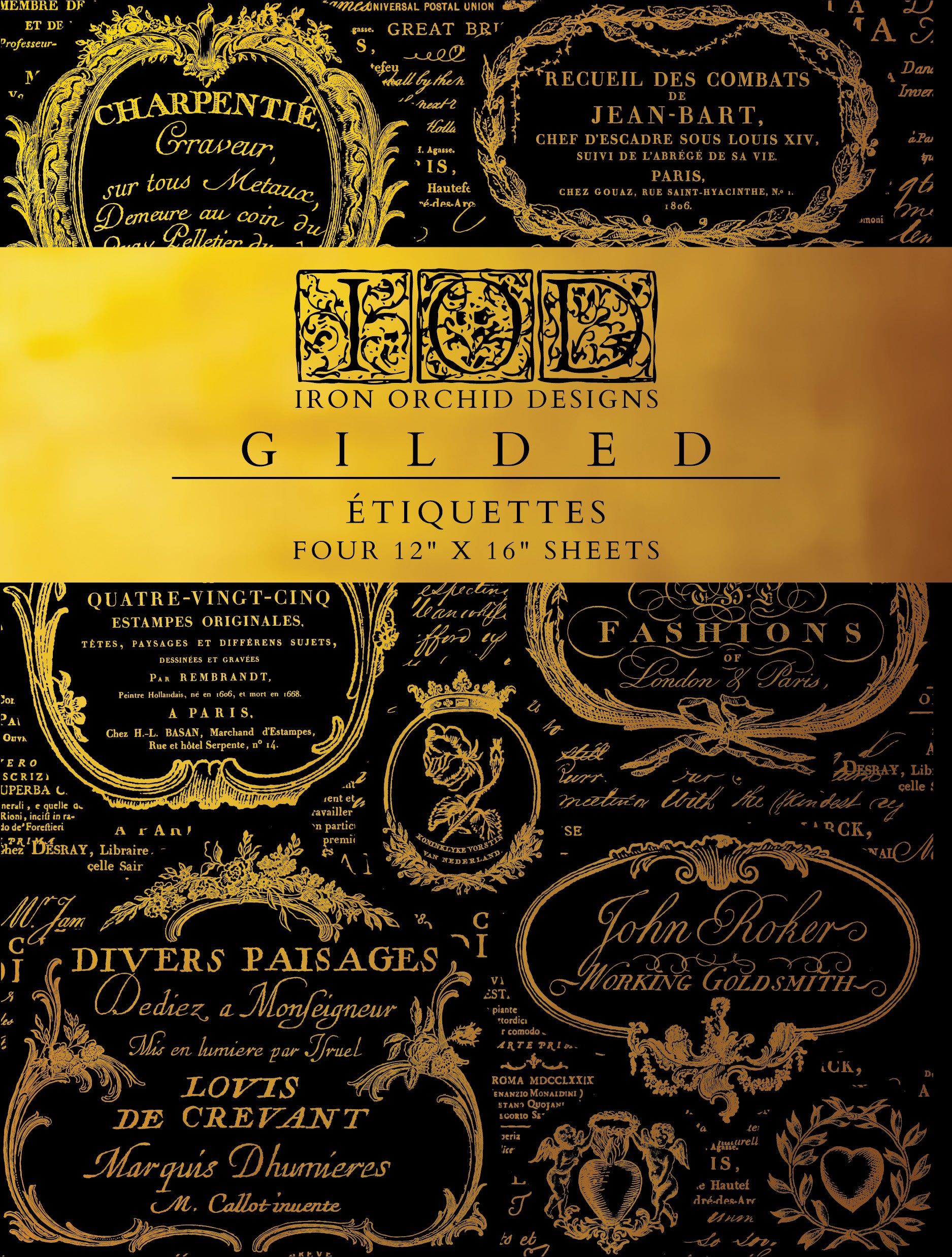 Iron Orchid Designs Étiquettes Gilded Foil Transfer cover showing vintage French gold foil labels and cartouches