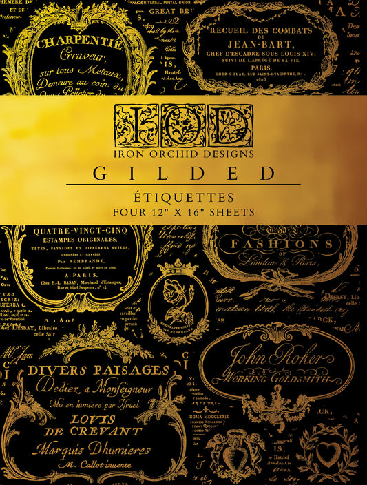 Iron Orchid Designs Étiquettes Gilded Foil Transfer cover showing vintage French gold foil labels and cartouches