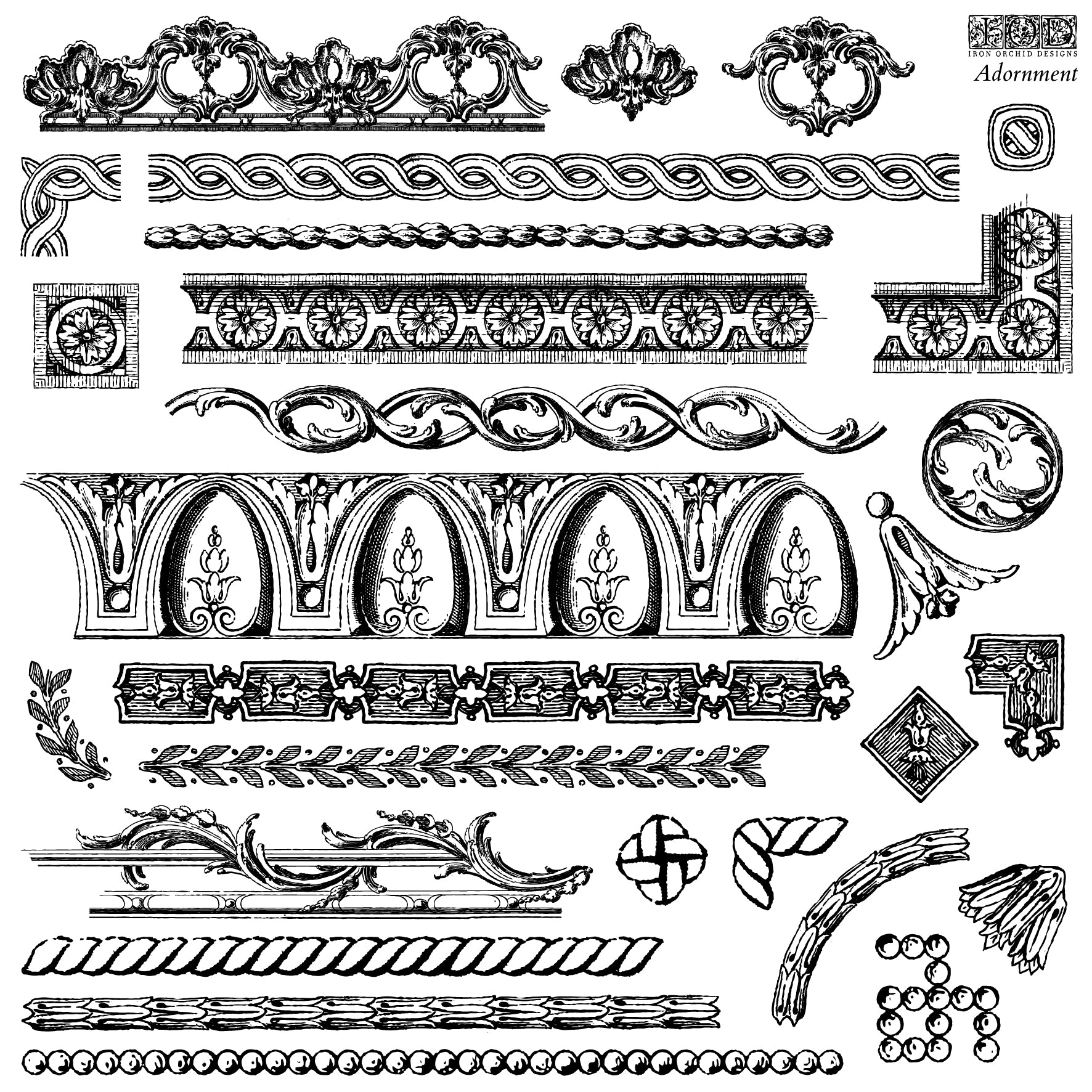 Iron Orchid Designs Adornment Decor Stamp 12x12 featuring elegant vintage ornamental designs for furniture painting, DIY home décor, crafts, and mixed media projects.