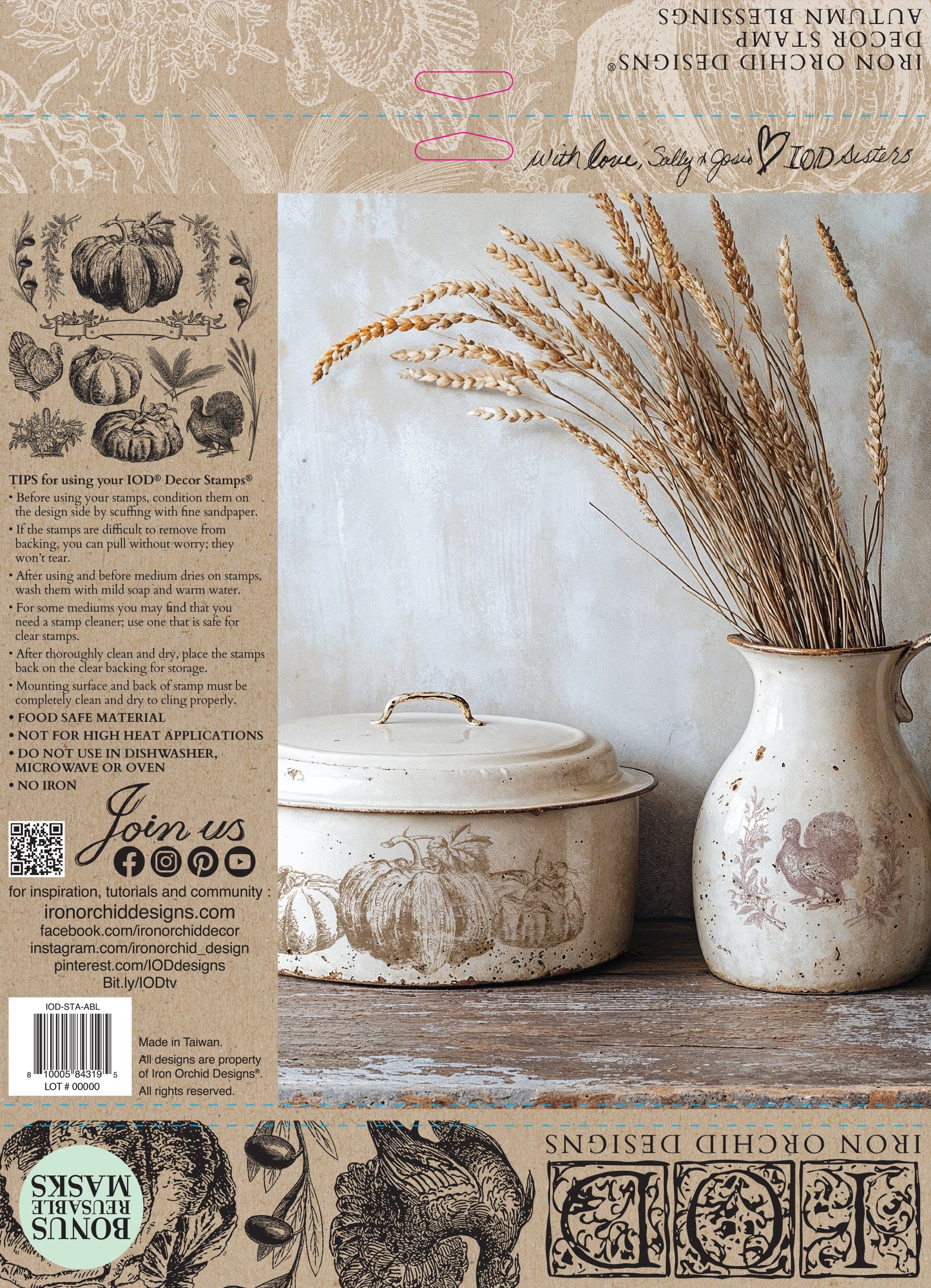 Authentic Iron Orchid Designs Autumn Blessings 12x12 reusable silicone decor stamp for furniture artists and DIY crafters.
