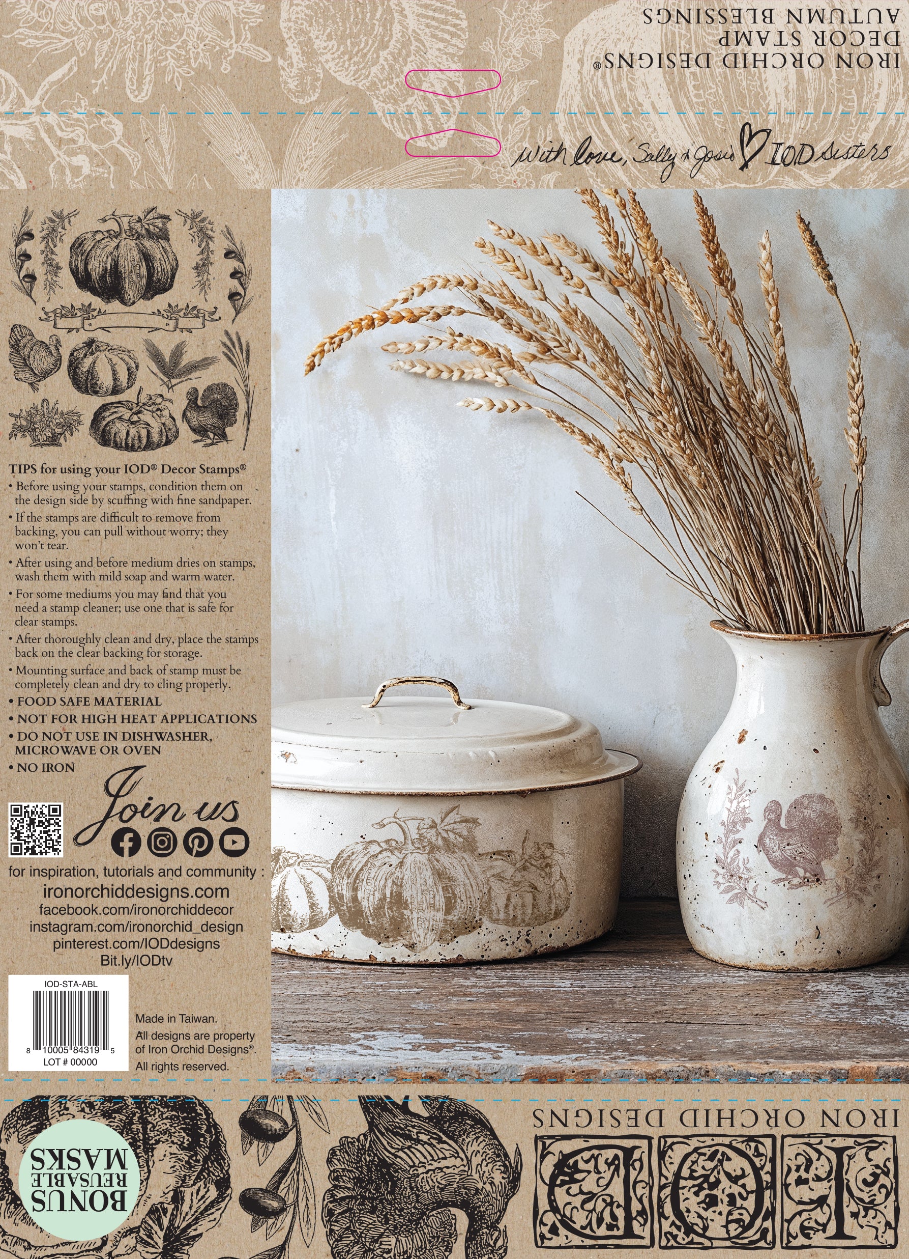 Authentic Iron Orchid Designs Autumn Blessings 12x12 reusable silicone decor stamp for furniture artists and DIY crafters.