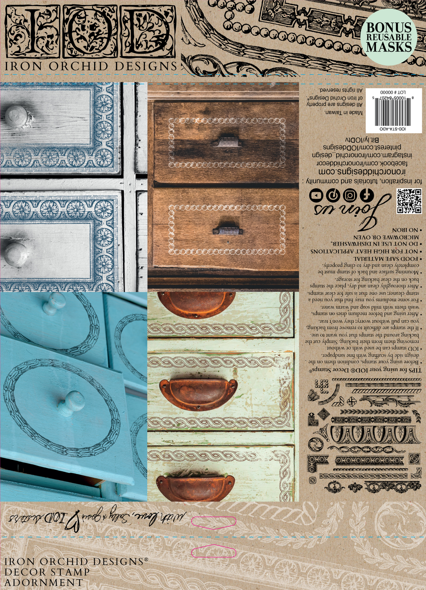 IOD Adornment Decor Stamp by Iron Orchid Designs 12x12 reusable silicone stamp for furniture makeovers, home décor, and creative DIY projects.