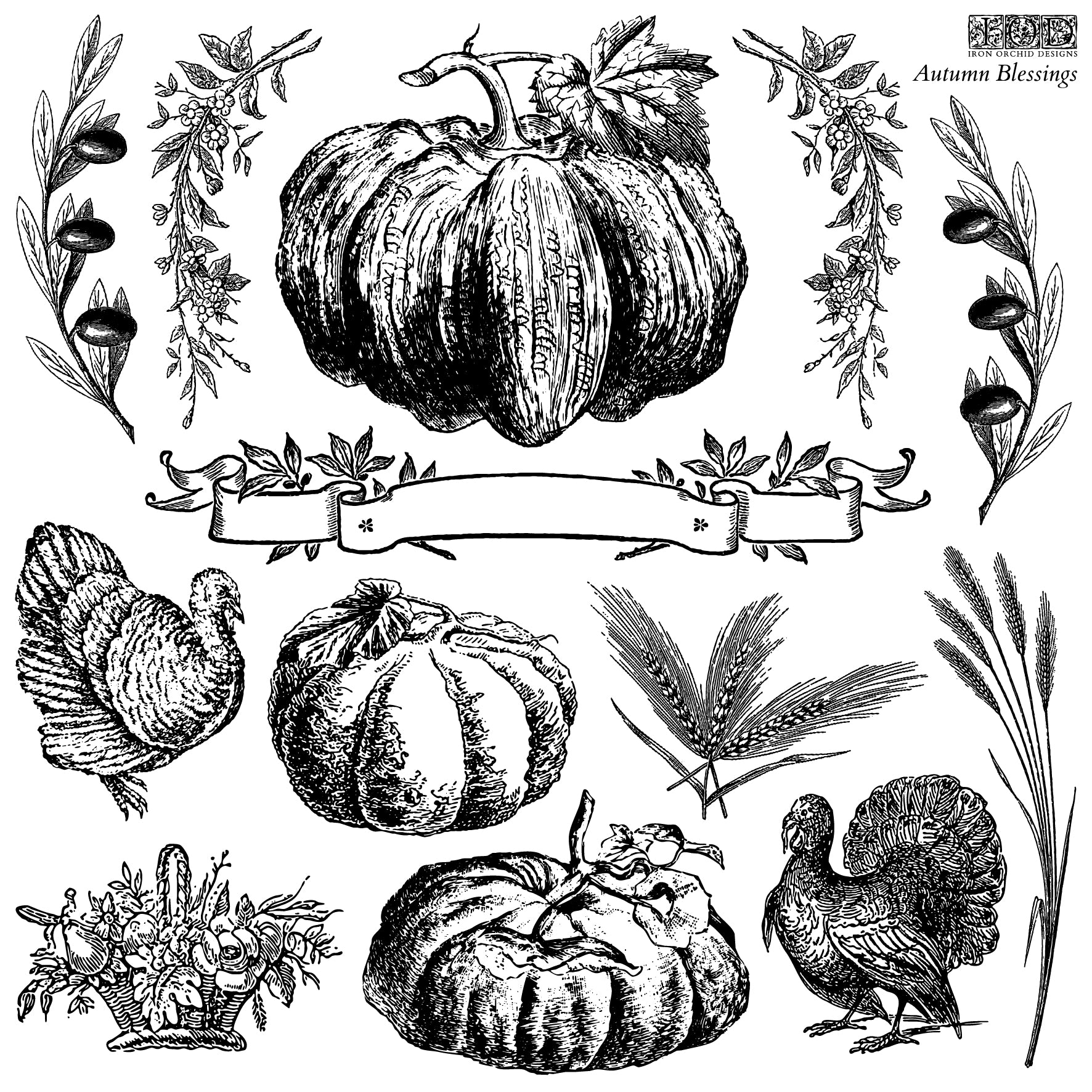 Iron Orchid Designs Autumn Blessings Decor Stamp 12x12 featuring pumpkins, turkey, wheat, and harvest designs for fall furniture painting and DIY home decor projects.