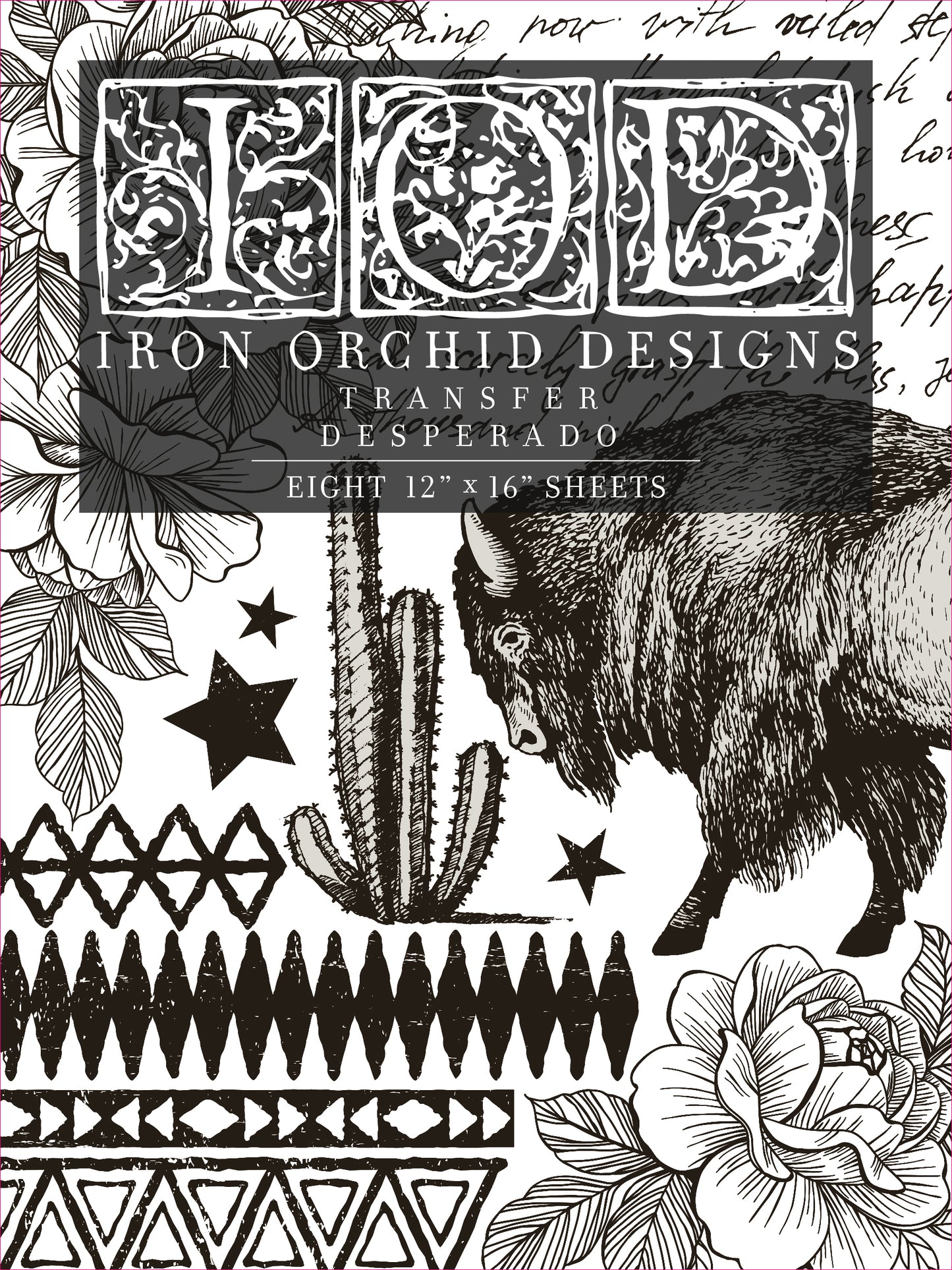IOD Desperado Transfer 12x16 pad by Iron Orchid Designs western furniture transfer with a bison, cactus, and floral design.
