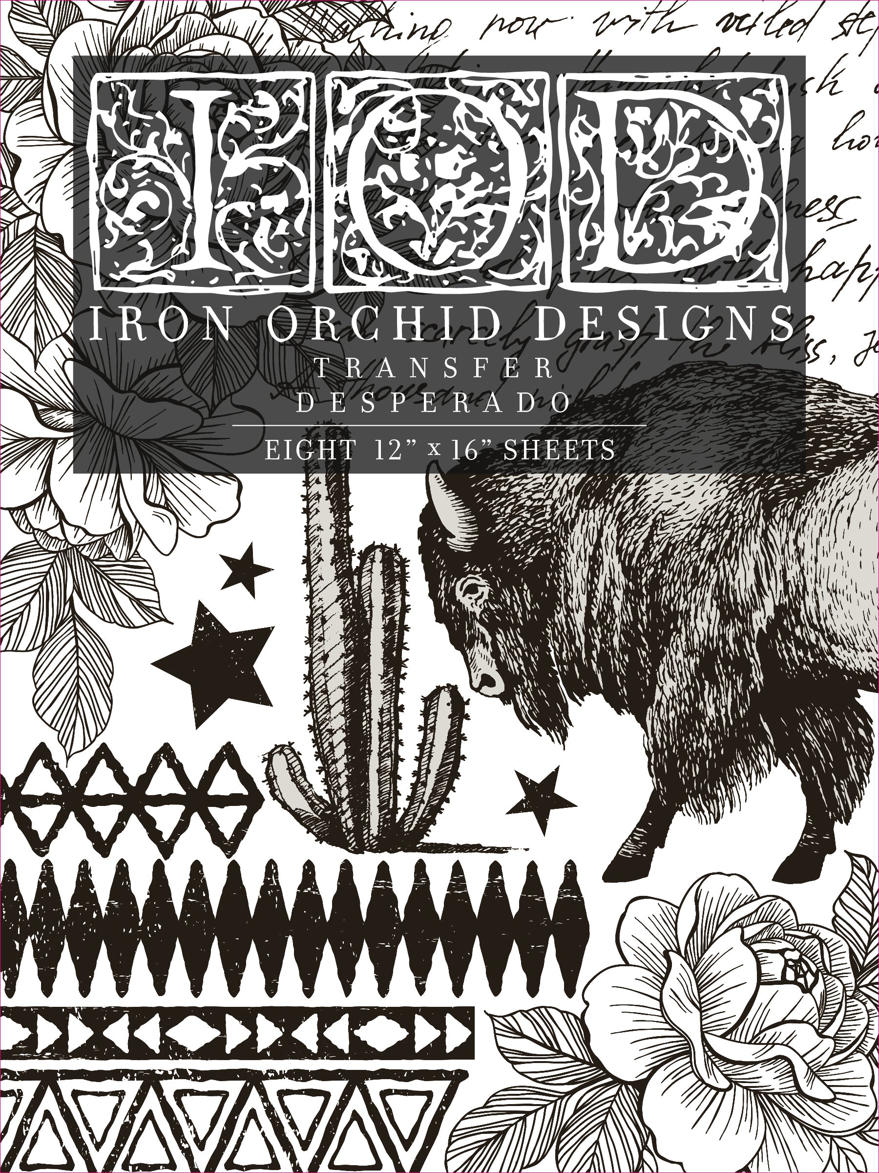 IOD Desperado Transfer 12x16 pad by Iron Orchid Designs western furniture transfer with a bison, cactus, and floral design.