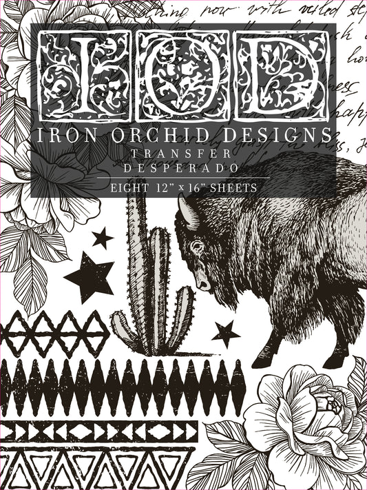 IOD Desperado Transfer 12x16 pad by Iron Orchid Designs western furniture transfer with a bison, cactus, and floral design.