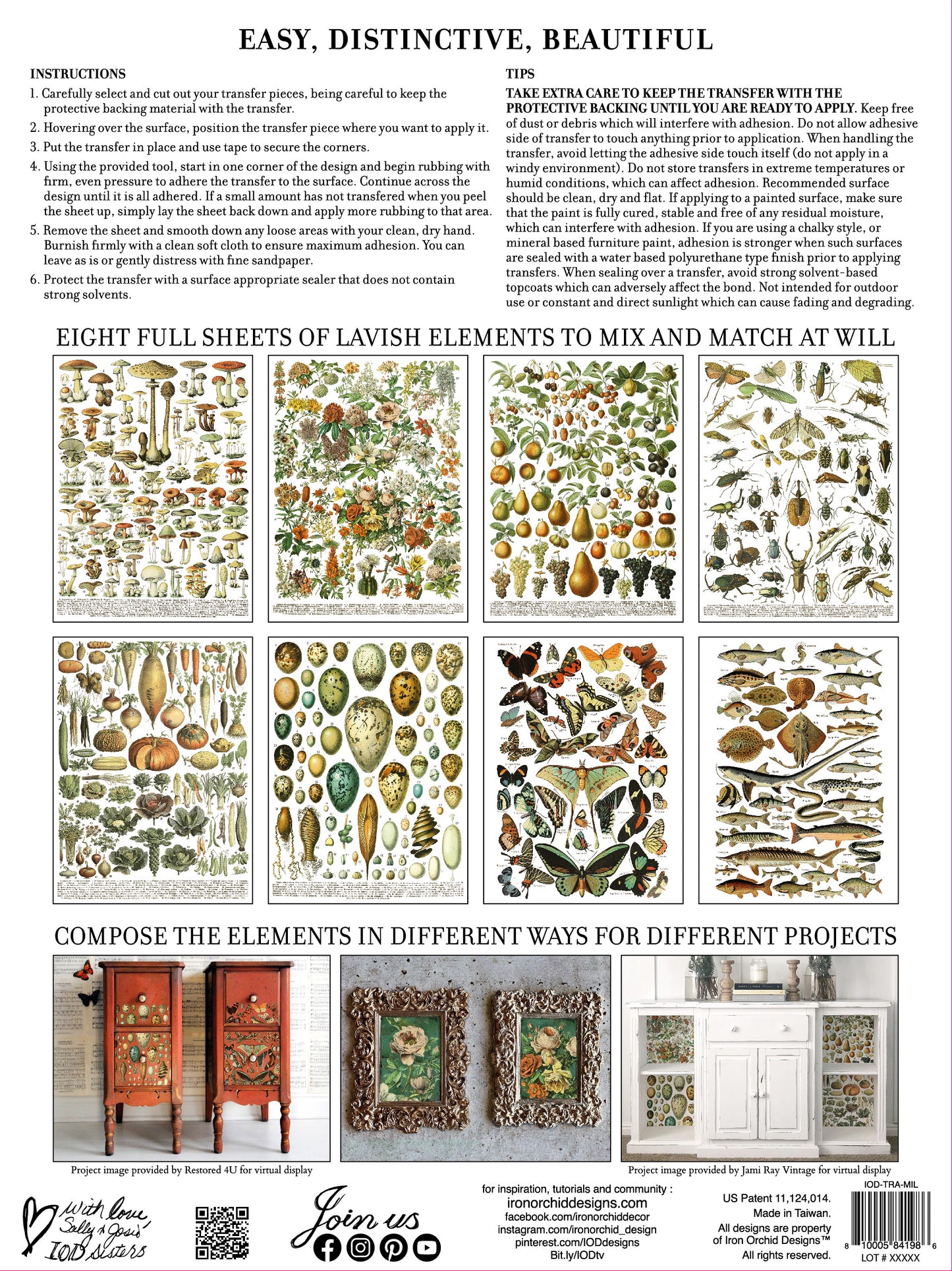 Sheet of decorative elements with instructions and examples on a white background IOD IRON ORCHID Designs Millots Pages