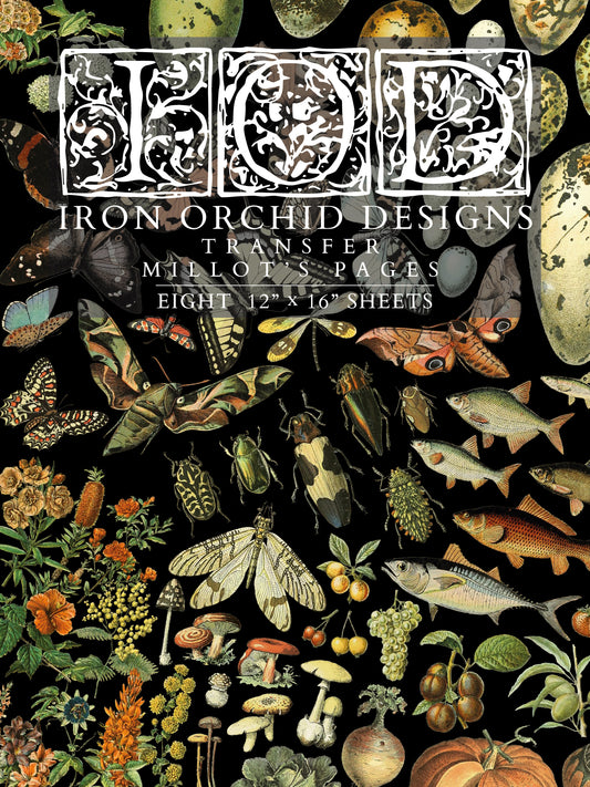 Iron Orchid Designs transfer millot's pages with nature-themed illustrations on a black background
