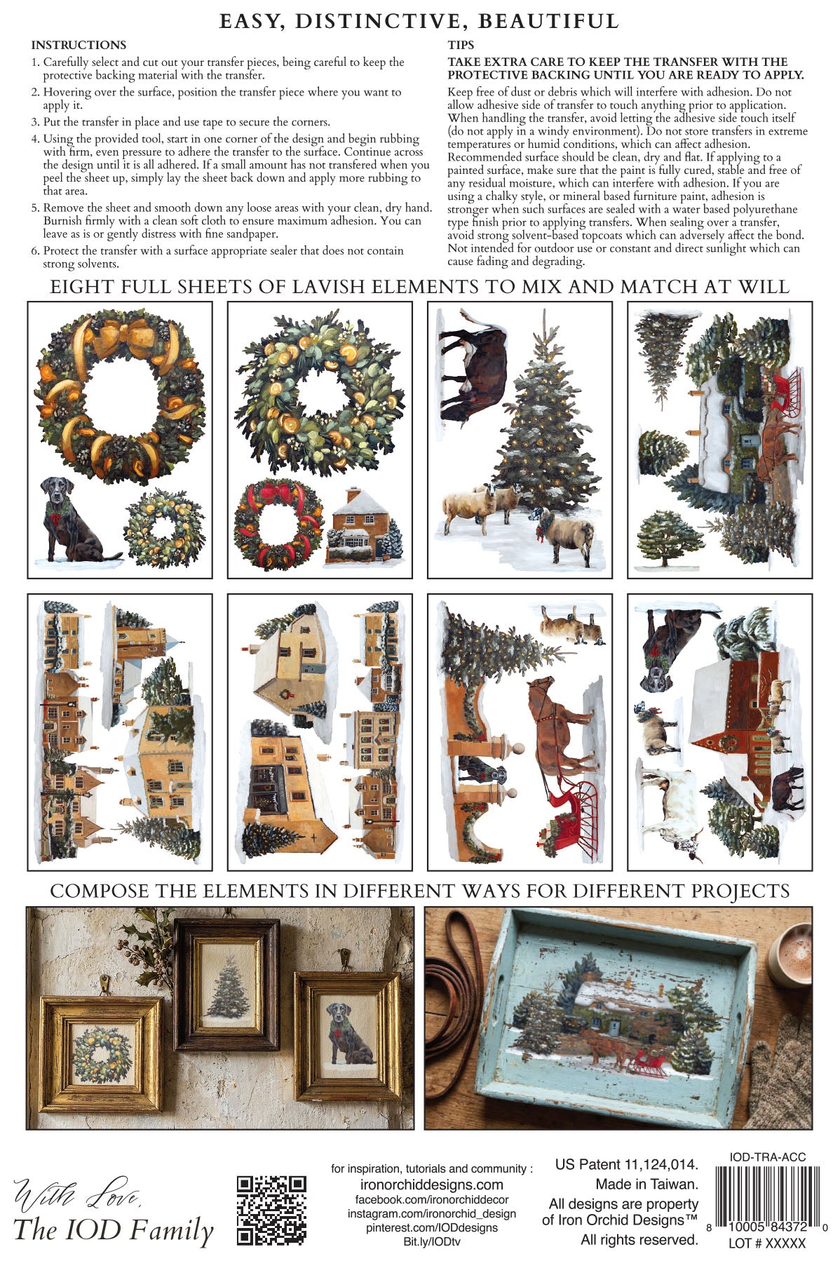 IOD A Cotswold Christmas Transfer back packaging — instructions, tips, and all eight sheet layout previews with Cotswold village scenes, wreaths, trees, and pastoral animals