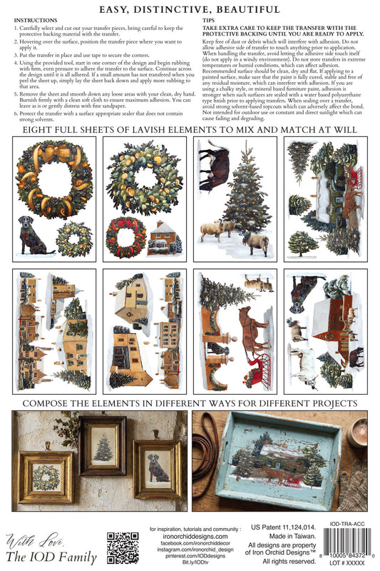IOD A Cotswold Christmas Transfer back packaging — instructions, tips, and all eight sheet layout previews with Cotswold village scenes, wreaths, trees, and pastoral animals