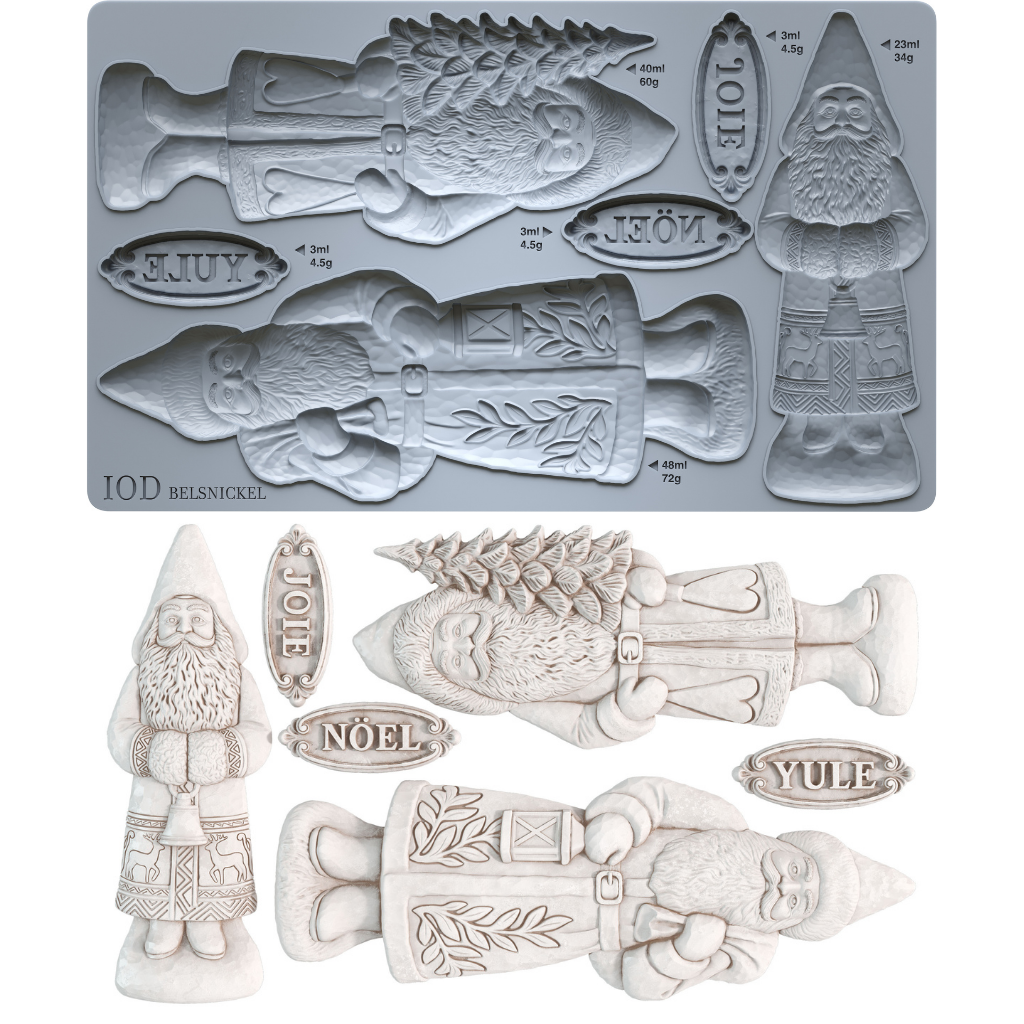 IOD Belsnickel Mould 6x10 – silicone mould showing three Father Christmas cavities and finished castings by Iron Orchid Designs