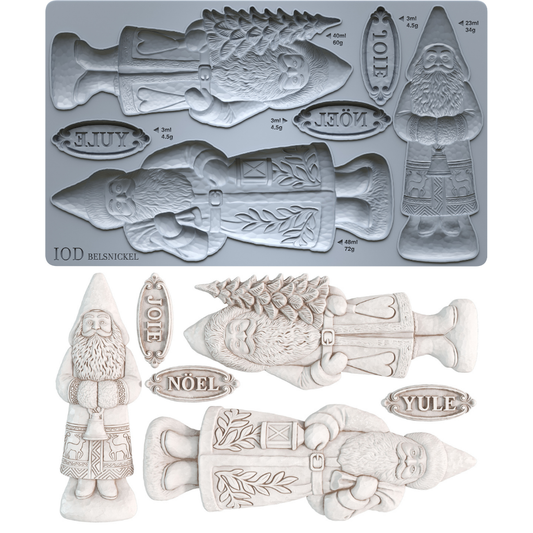 IOD Belsnickel Mould 6x10 – silicone mould showing three Father Christmas cavities and finished castings by Iron Orchid Designs