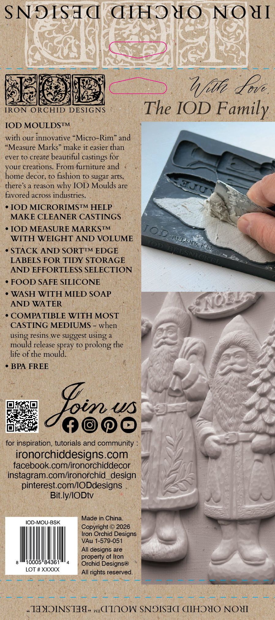 IOD Belsnickel Mould packaging back showing features, measure marks, and cavity volume guides