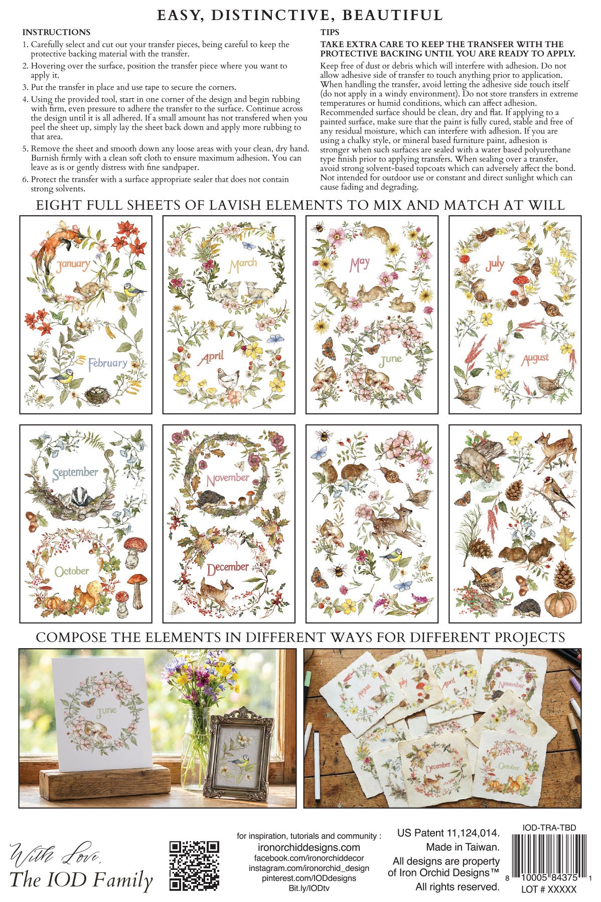 IOD The Bramblewood Diaries Transfer back packaging — instructions, tips, and all twelve monthly sheet layout previews