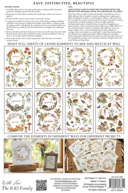 IOD The Bramblewood Diaries Transfer back packaging — instructions, tips, and all twelve monthly sheet layout previews