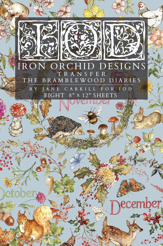 IOD The Bramblewood Diaries Transfer front packaging — eight 8x12 sheets with woodland animals, botanicals, and monthly calendar designs by Jane Carkill