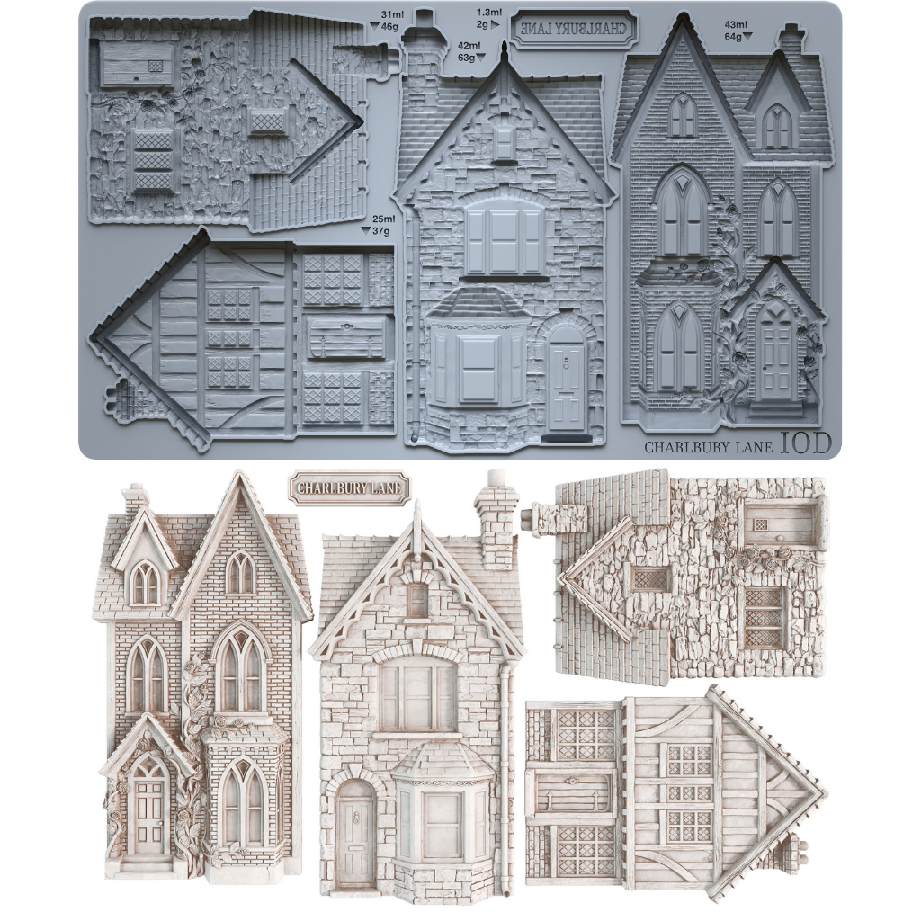 IOD Charlbury Lane Mould 6x10 – silicone mould showing architectural house cavities and finished castings by Iron Orchid Designs